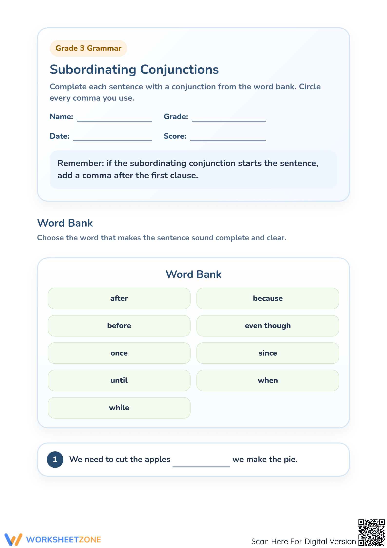 Subordinating Conjunctions Worksheet | Grade 3 Printable - Page 1