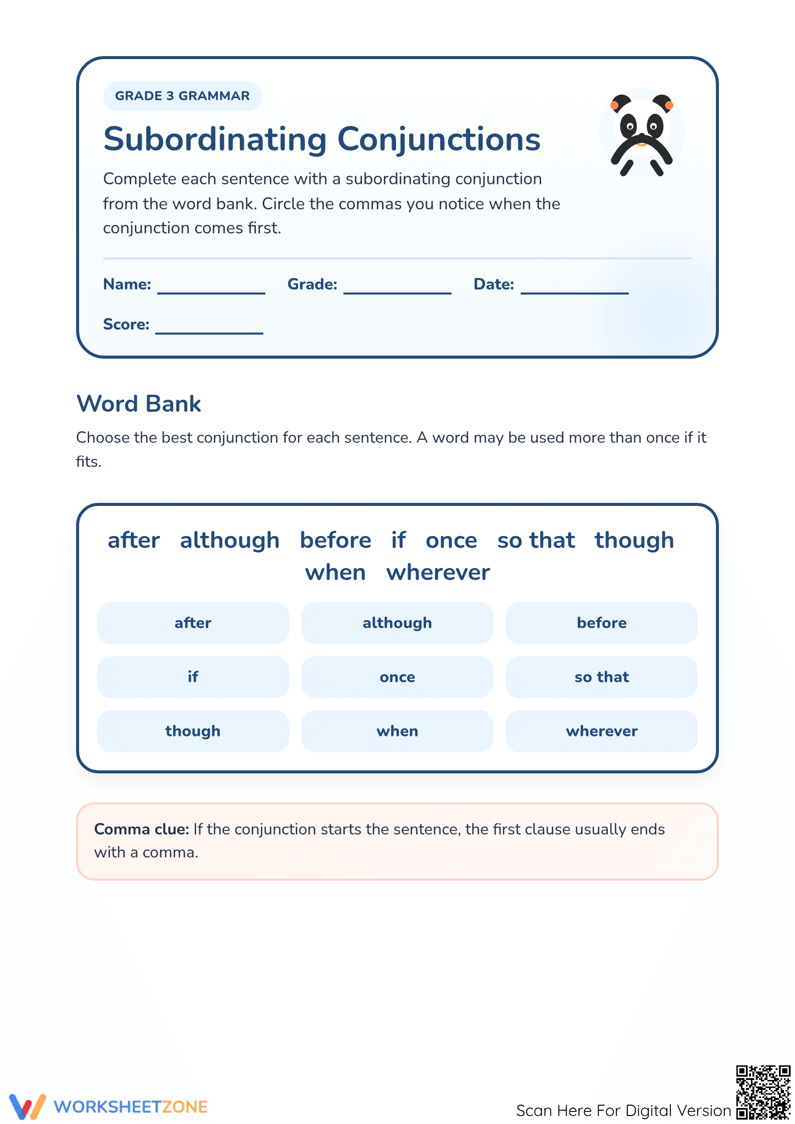 Grade 3 Subordinating Conjunctions — Printable Worksheet - Page 1