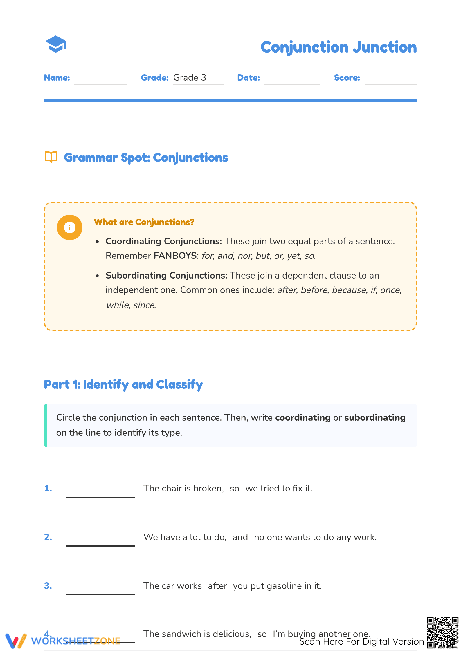 Grade 3 Conjunctions — Printable No-Prep Worksheet - Page 1
