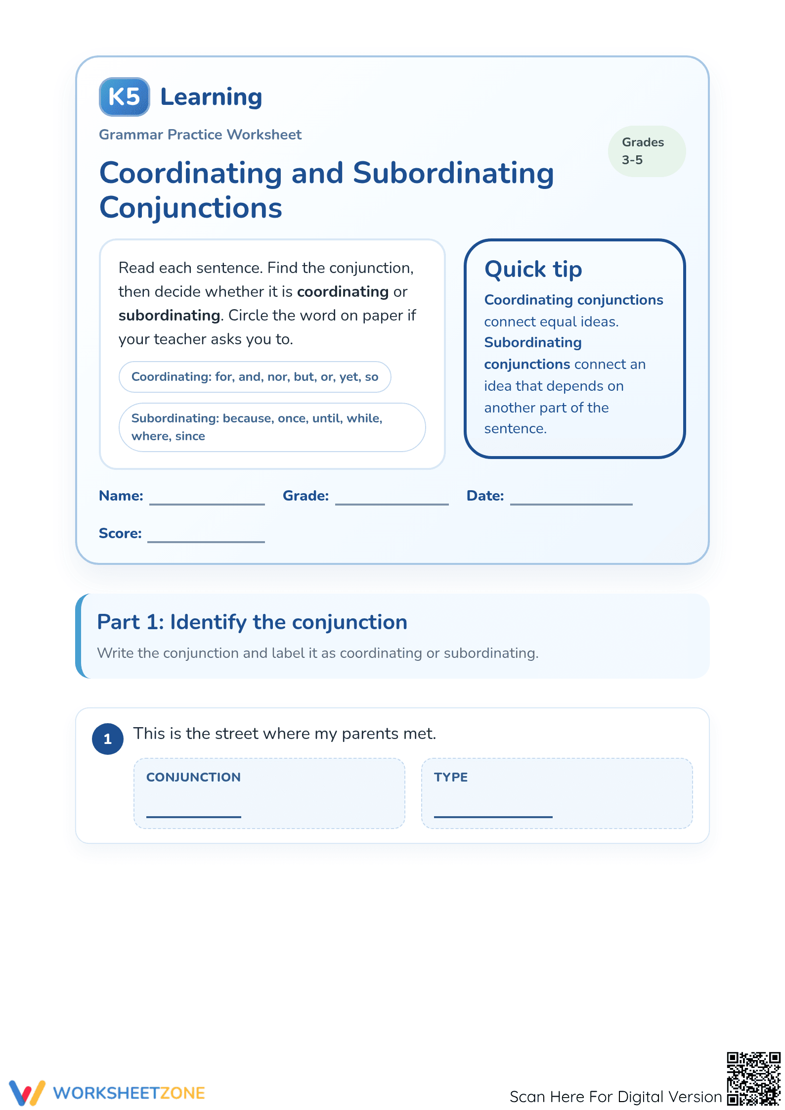 Essential Conjunctions Practice Worksheet | Grades 3-5 - Page 1