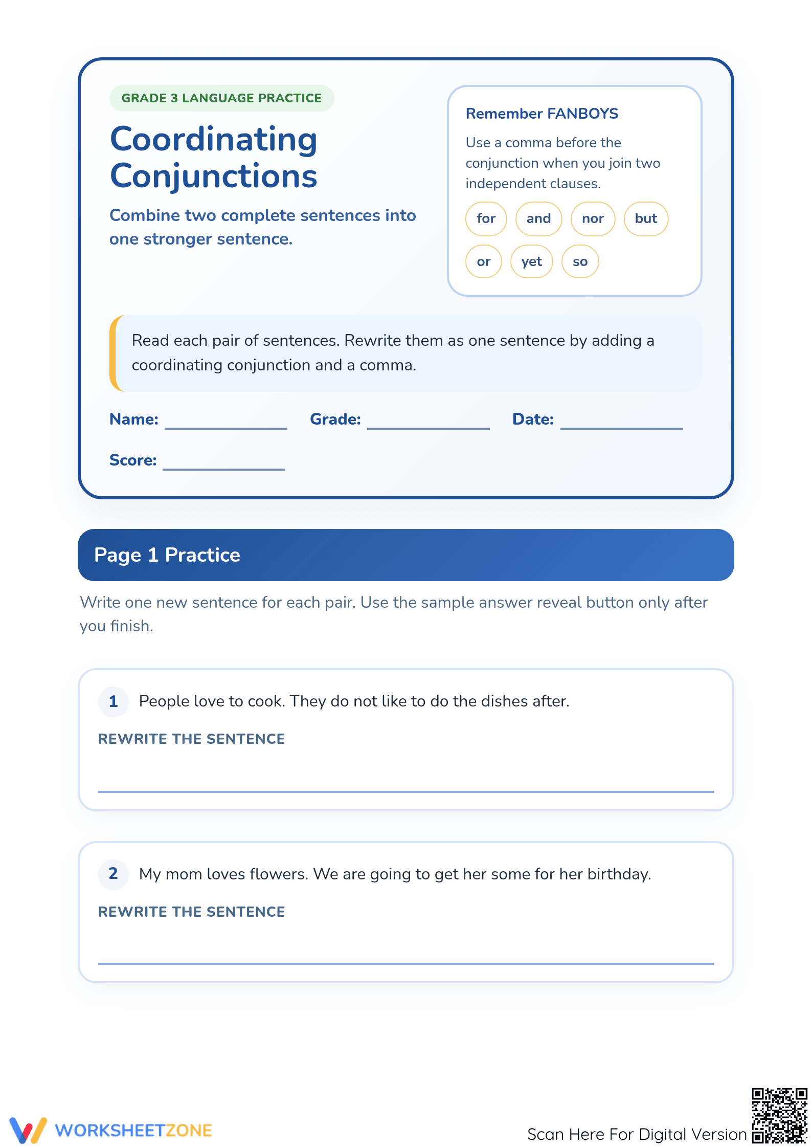 Printable Coordinating Conjunctions Worksheet | Grade 3 - Page 1