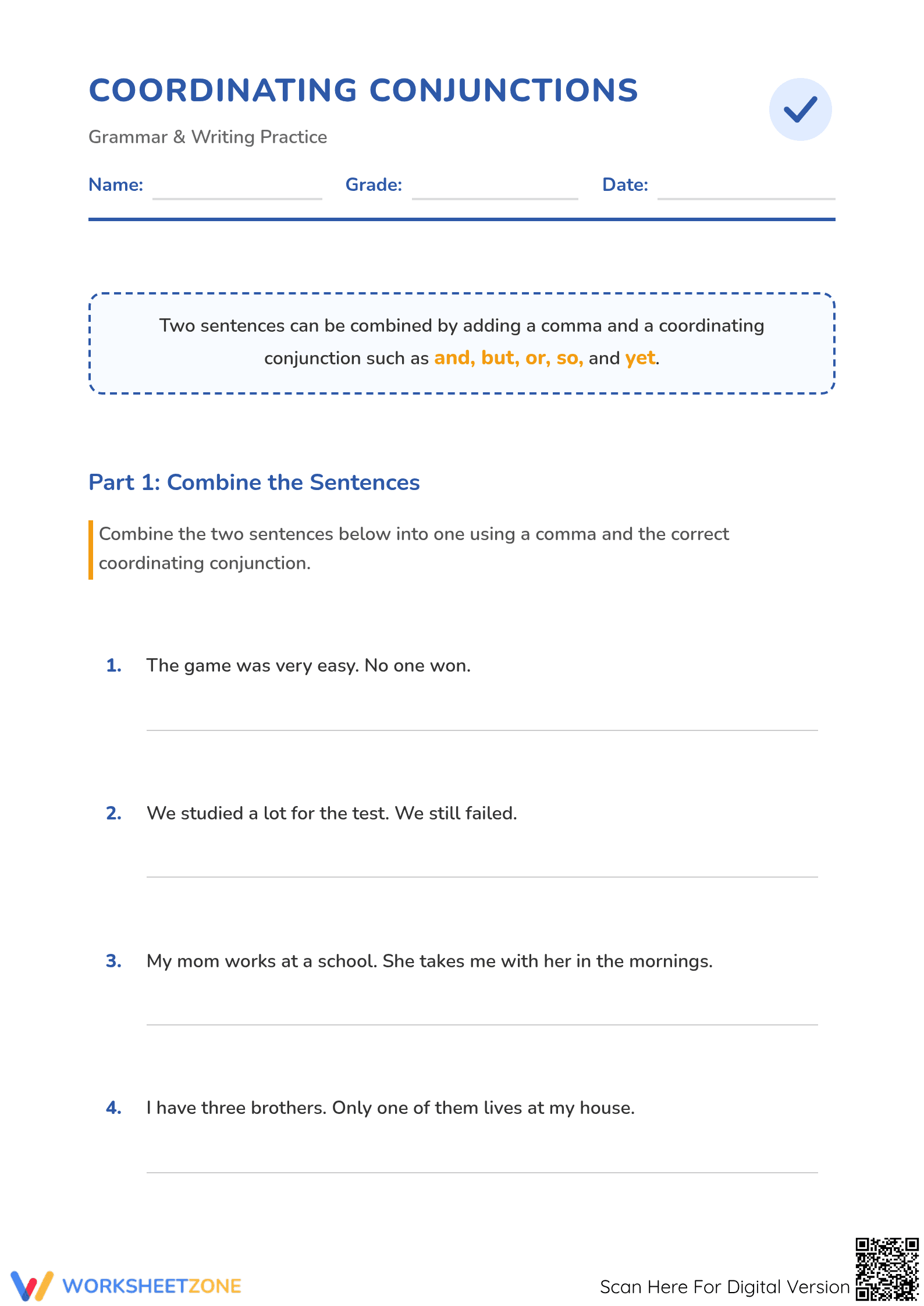Essential Grade 3 Coordinating Conjunctions Practice - Page 1