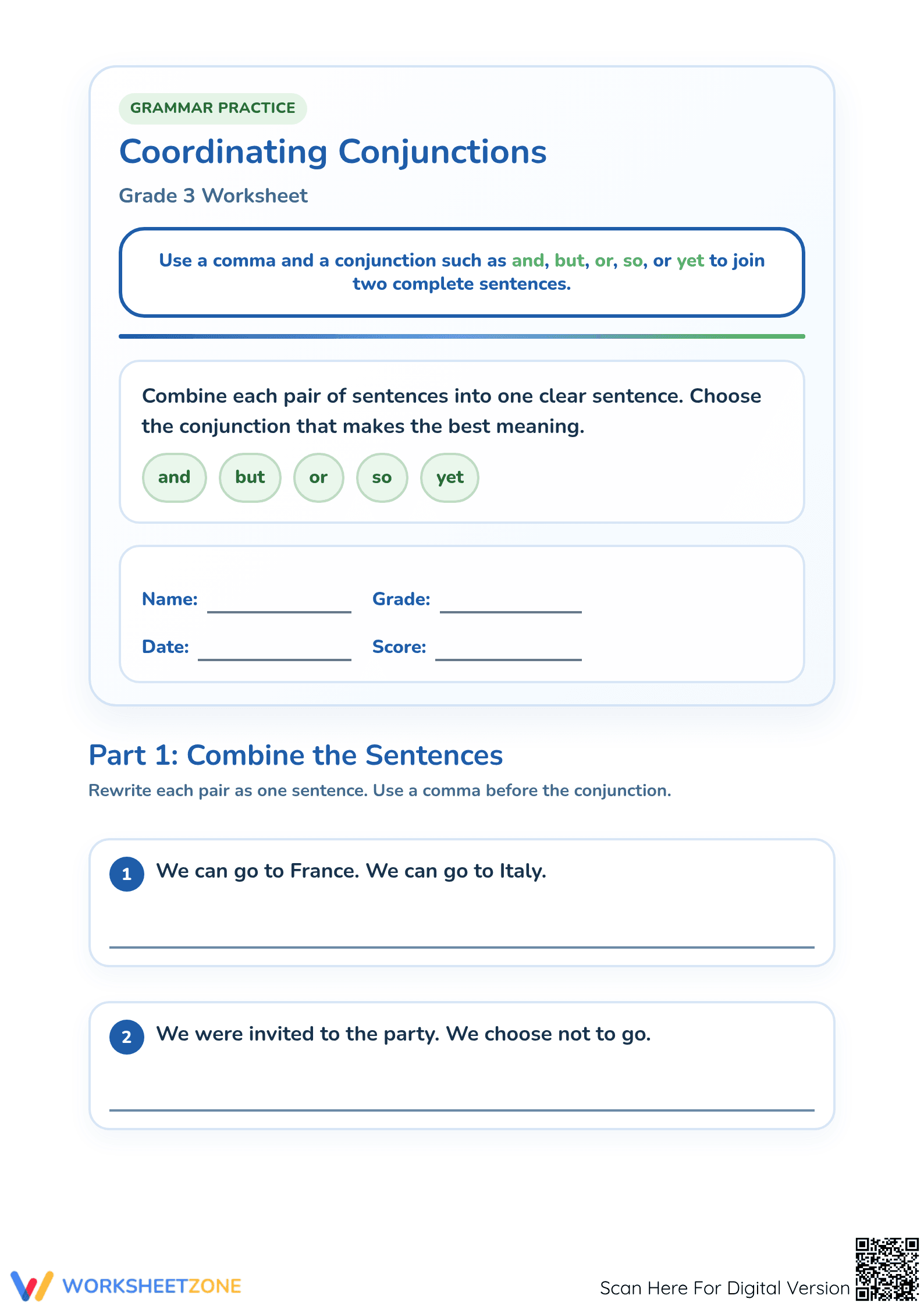 Printable Coordinating Conjunctions Worksheet | Grade 3 ELA - Page 1