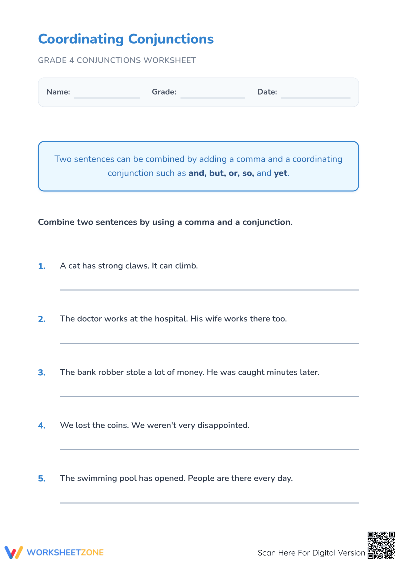 Grade 3 Conjunctions — Printable No-Prep Worksheet - Page 1