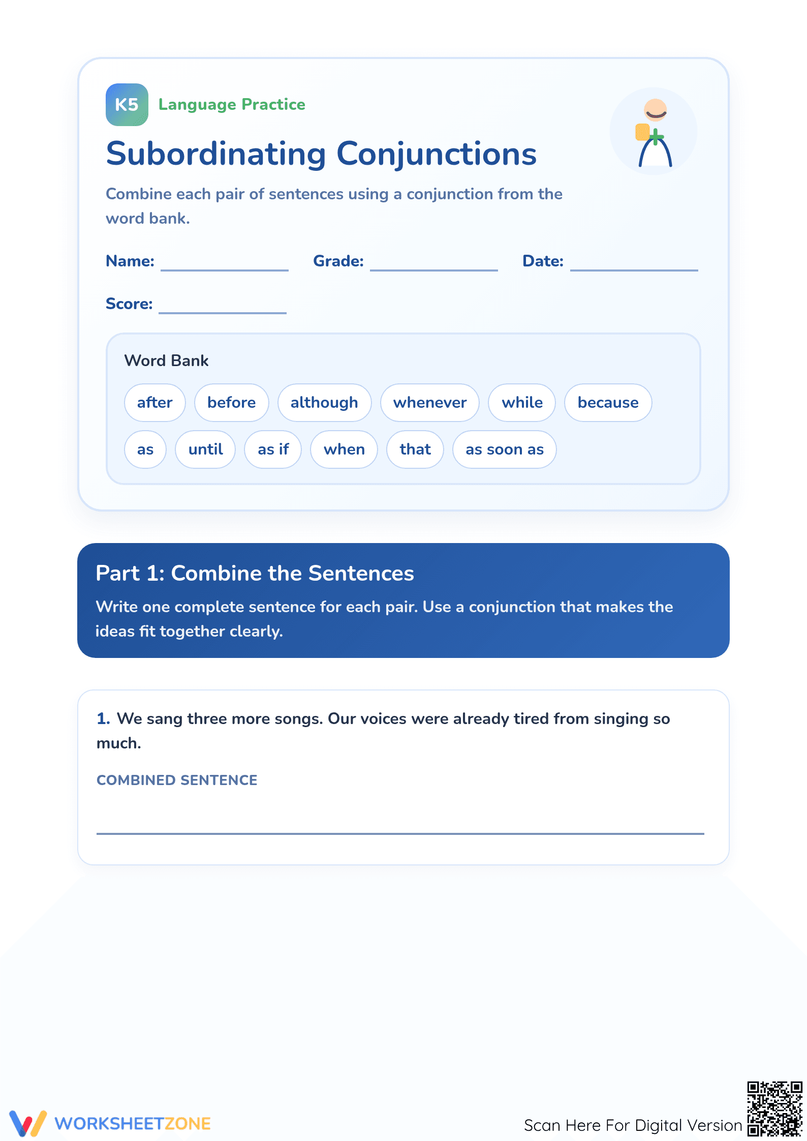 Printable Subordinating Conjunctions Worksheet | Grade 3 ELA - Page 1