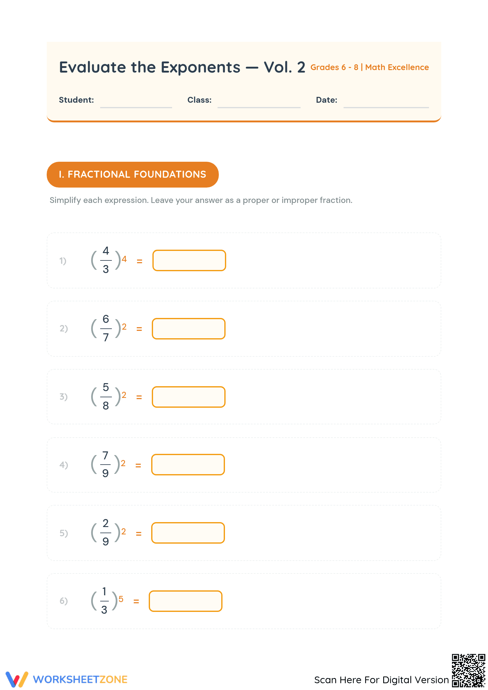 Essential Evaluate Exponents Worksheet | Grades 6-8 Math - Page 1