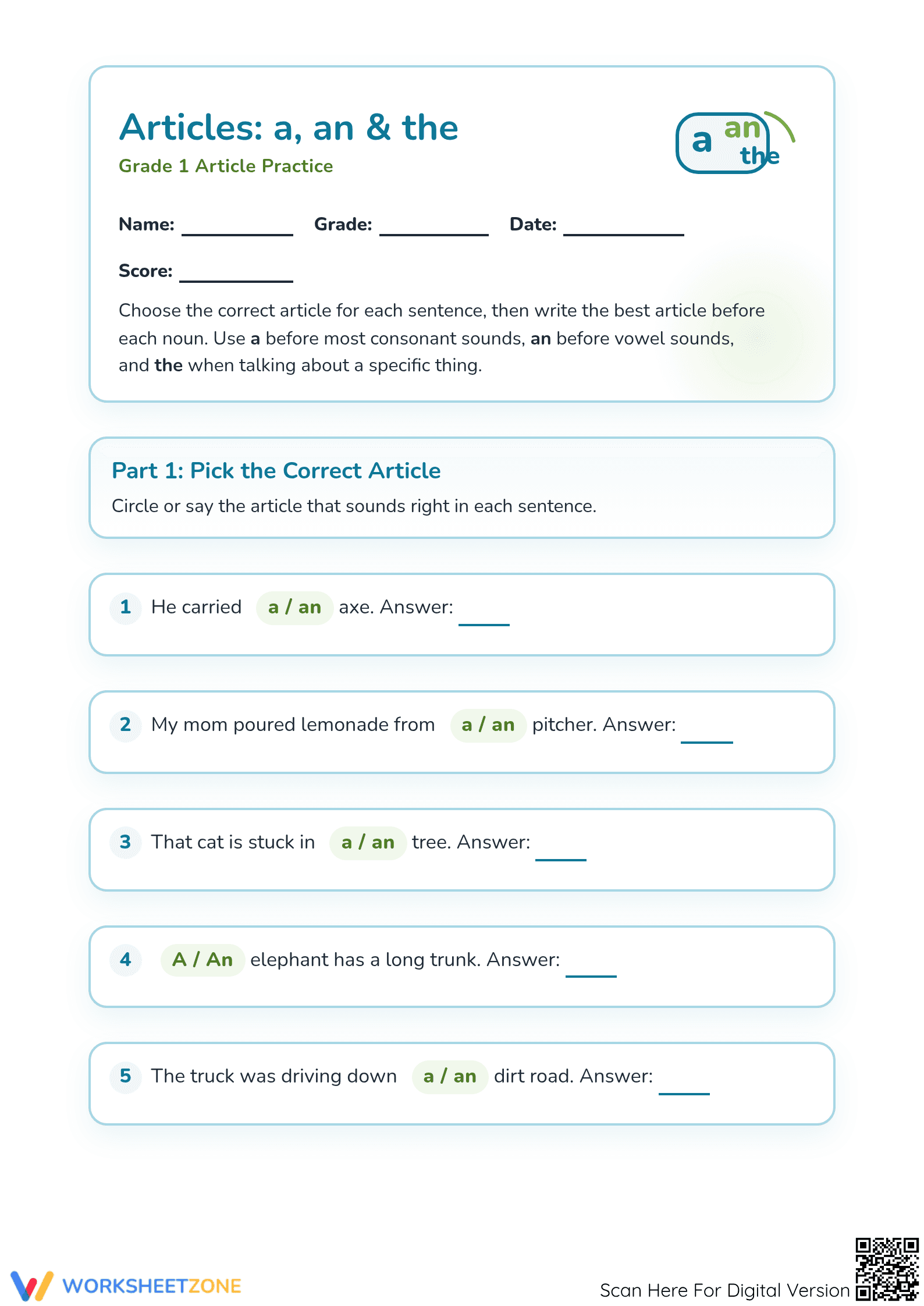Essential Grade 1 Articles Worksheet: a, an, the - Page 1