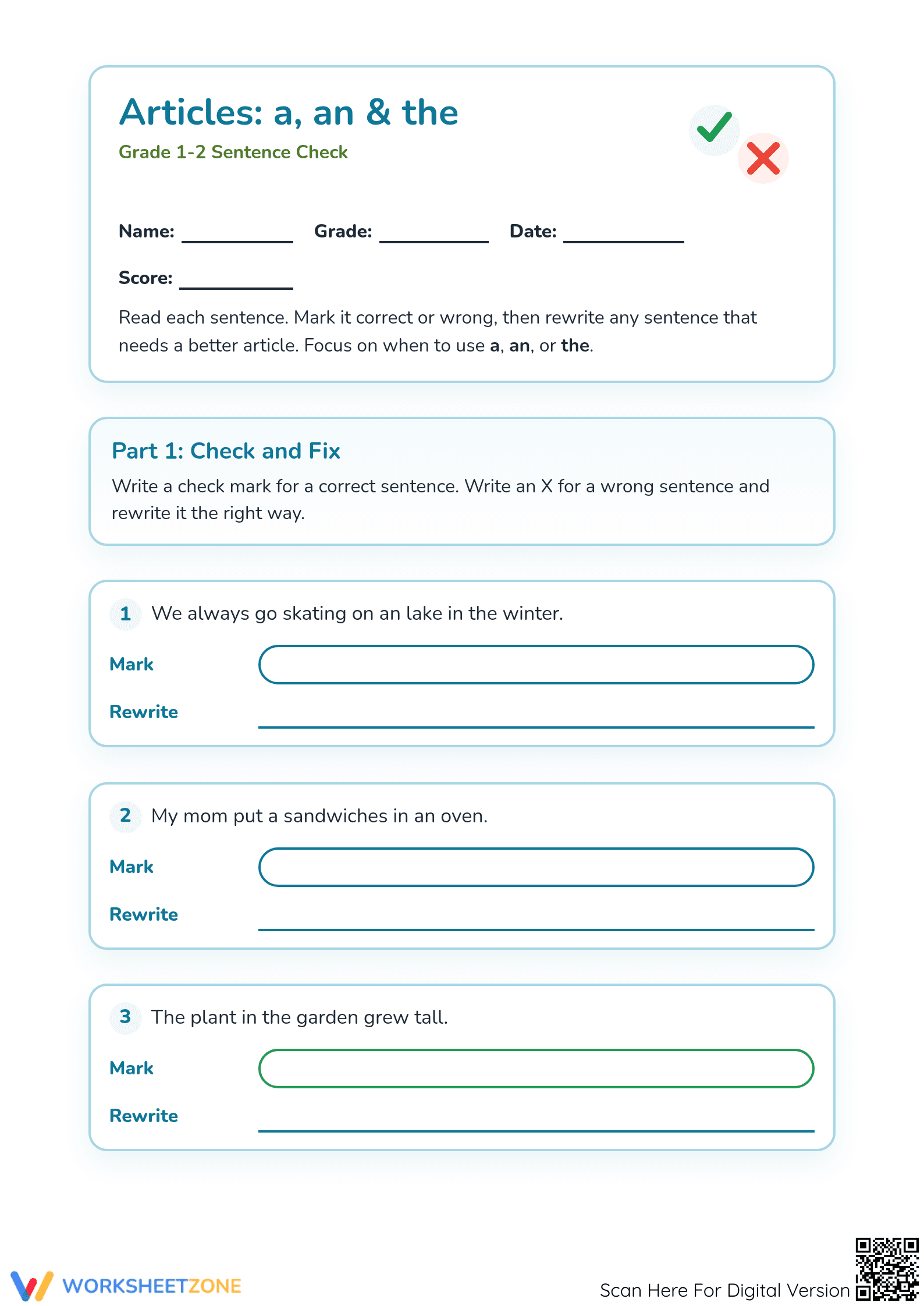 Articles: a, an & the Printable Worksheet — Grade 1-2 - Page 1