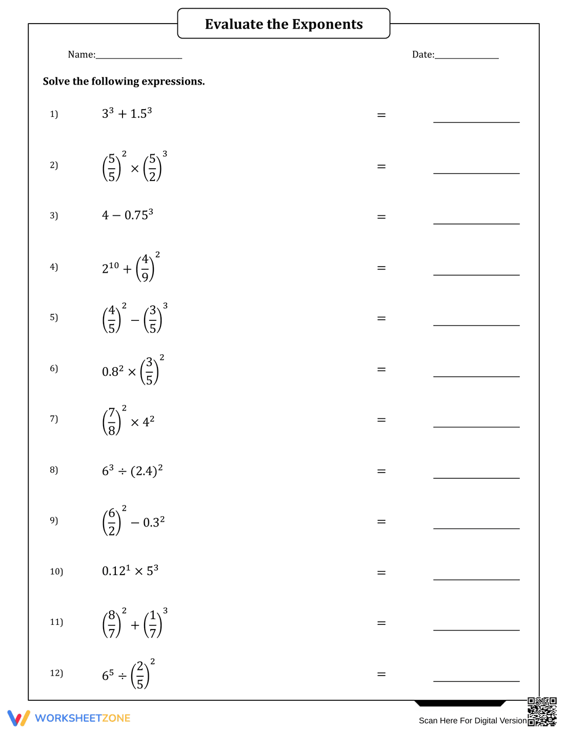 Exponents with Decimals and Fractions Worksheet - Page 1