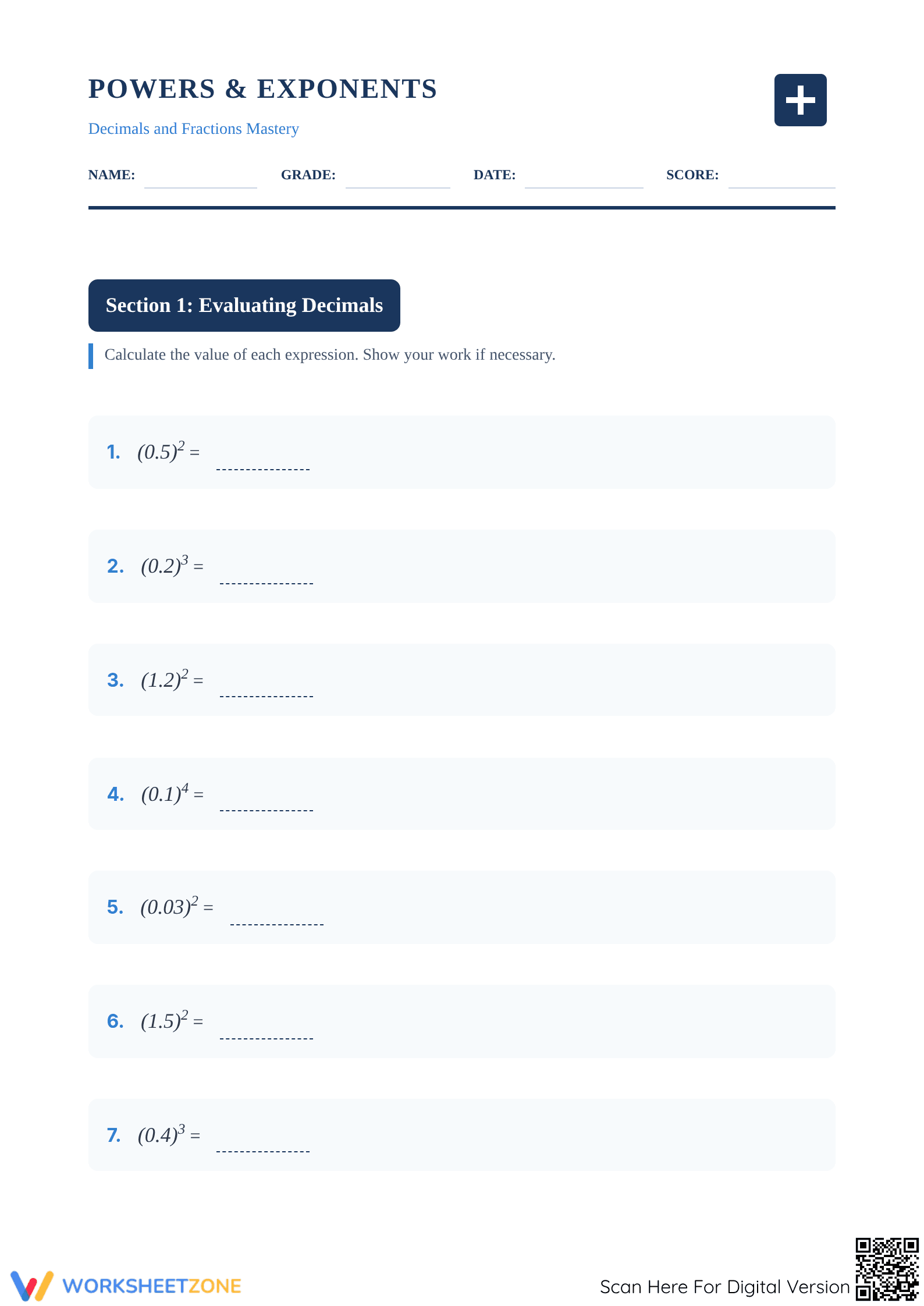 Printable Exponents with Decimal and Fractions | Grade 6-8 - Page 1