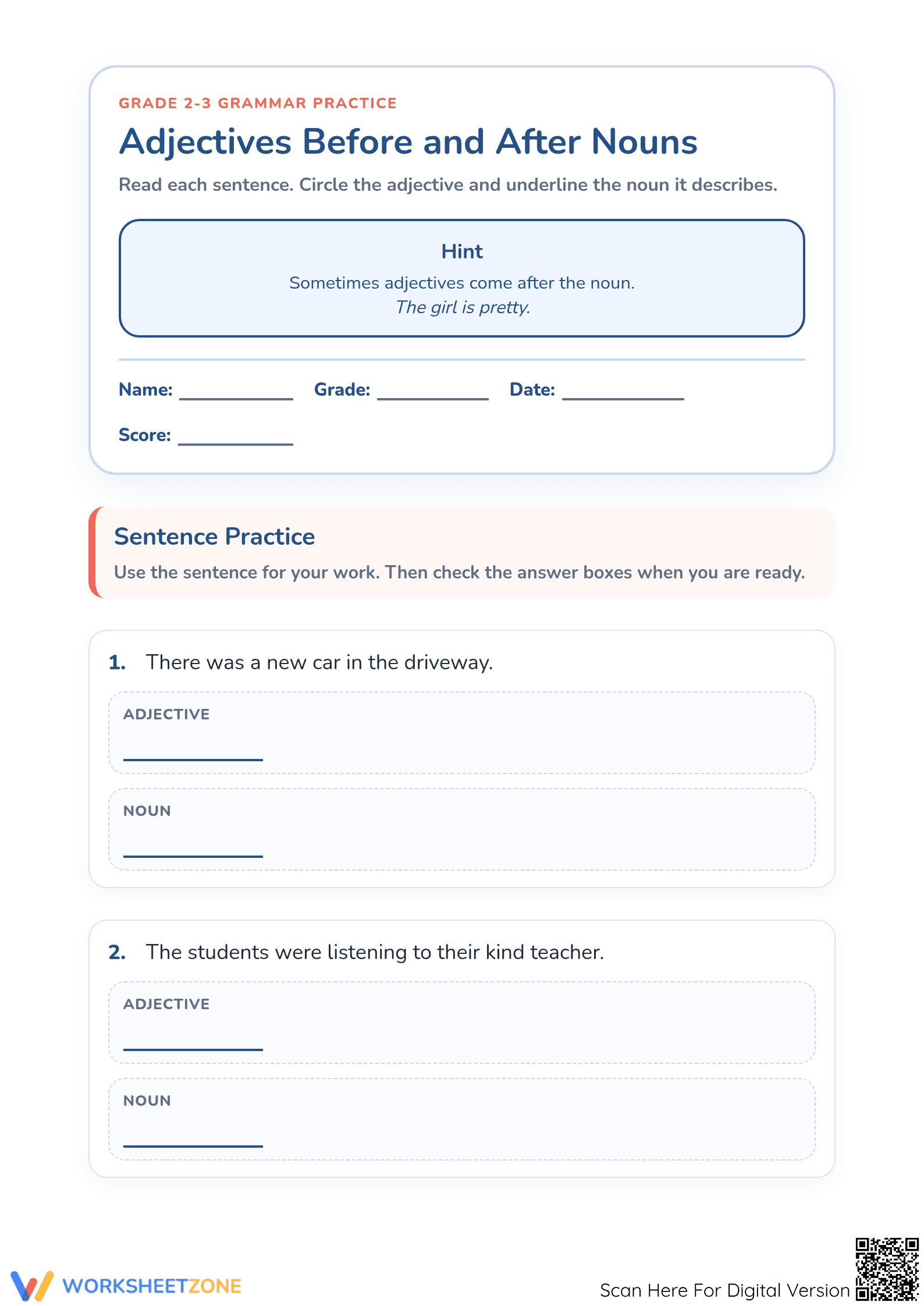 Printable Adjectives Before and After Nouns — Grade 2-3 - Page 1