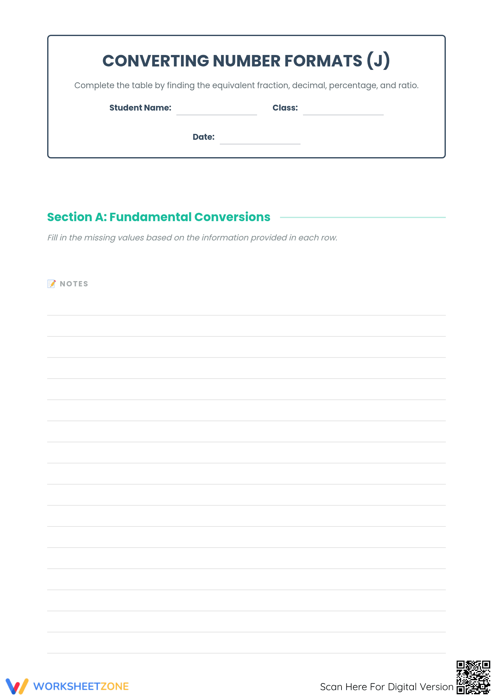 Essential Fraction Decimal Percent Ratio Worksheet | Grade 6 - Page 1