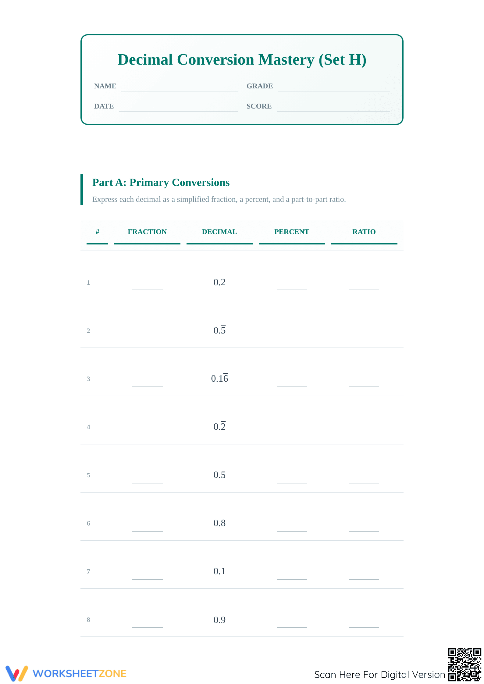 Printable Fractions Decimals Percents Ratios Worksheet - Page 1