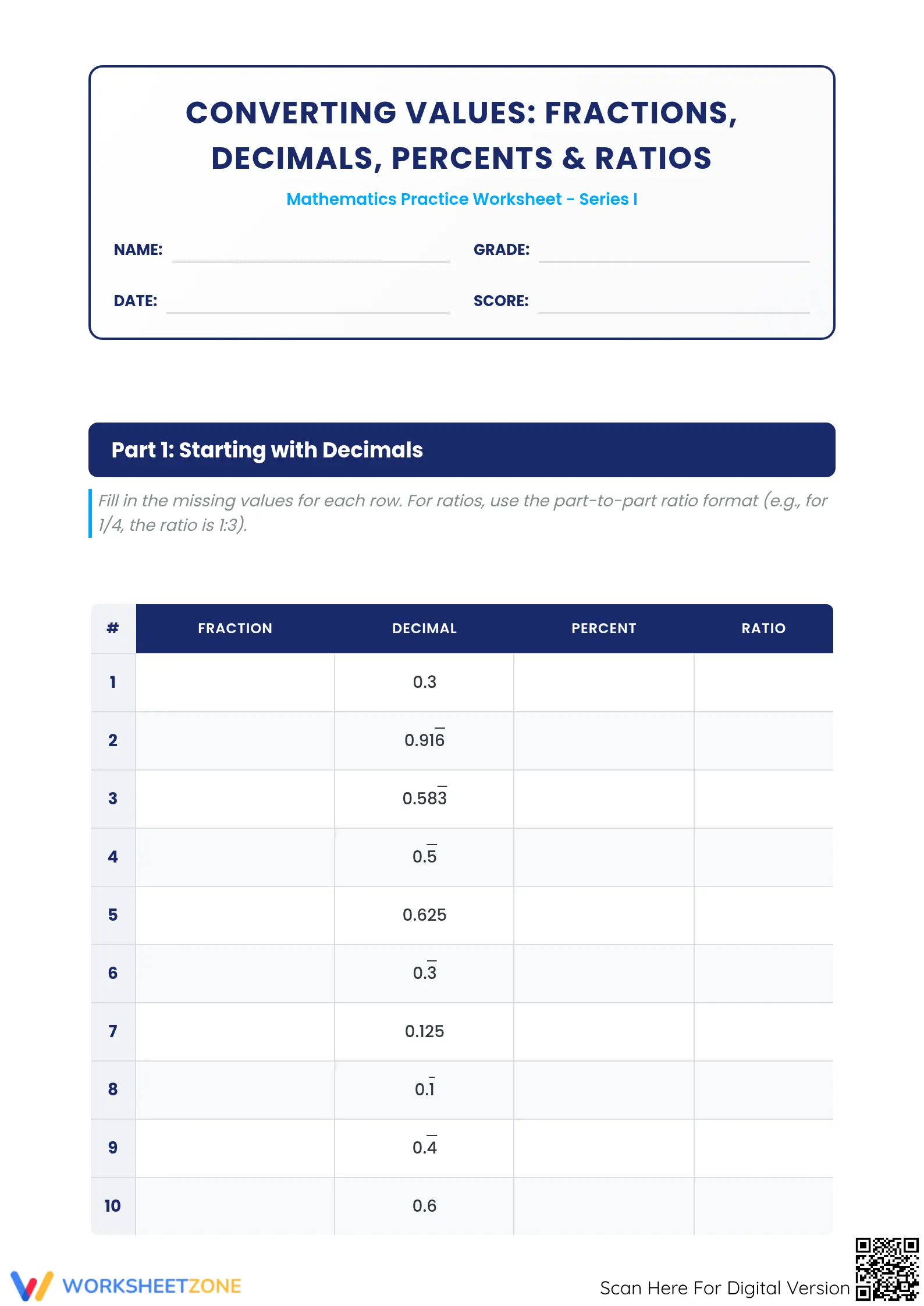 Grade 6 Fraction Conversion — Printable No-Prep Worksheet - Page 1