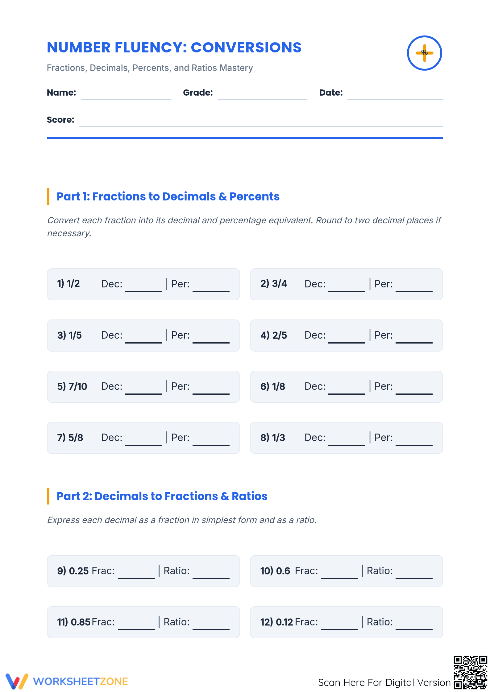 Printable Fractions, Decimals, and Percents Conversion Guide - Page 1