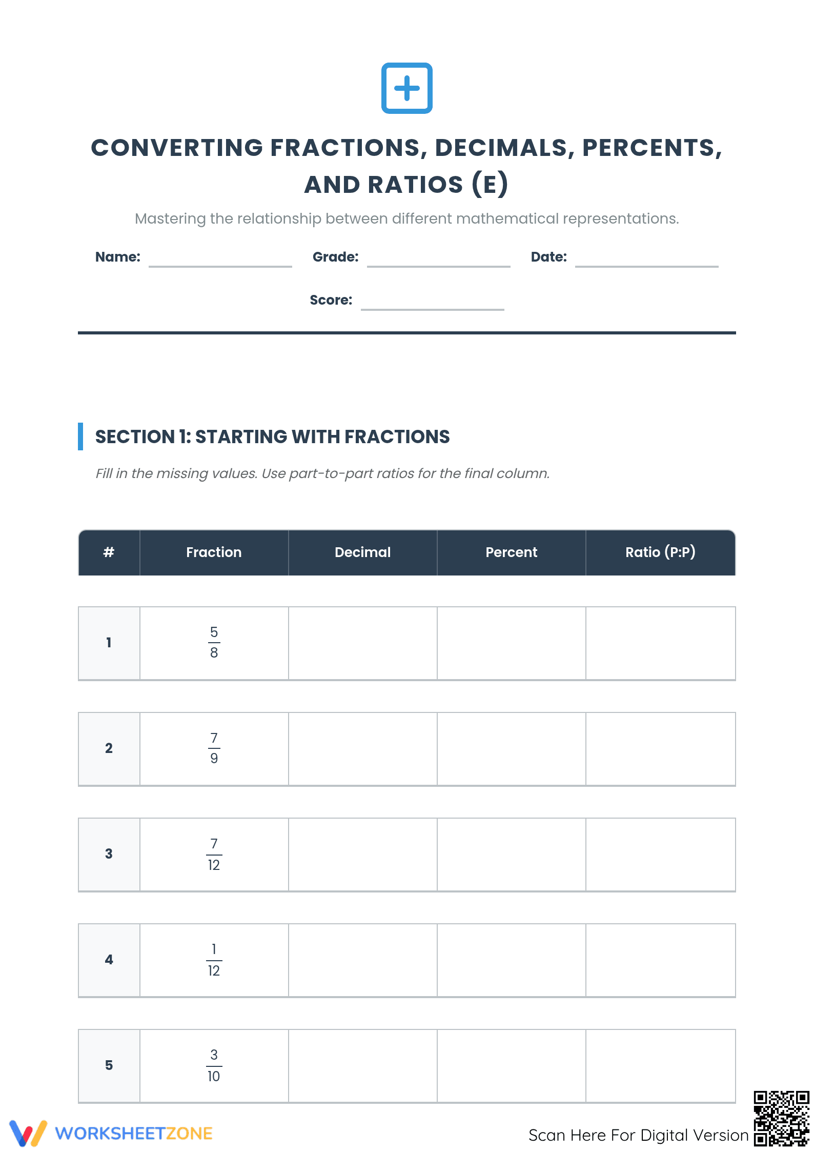 Essential Fraction Decimal Percent Ratio Worksheet | Grade 6 - Page 1