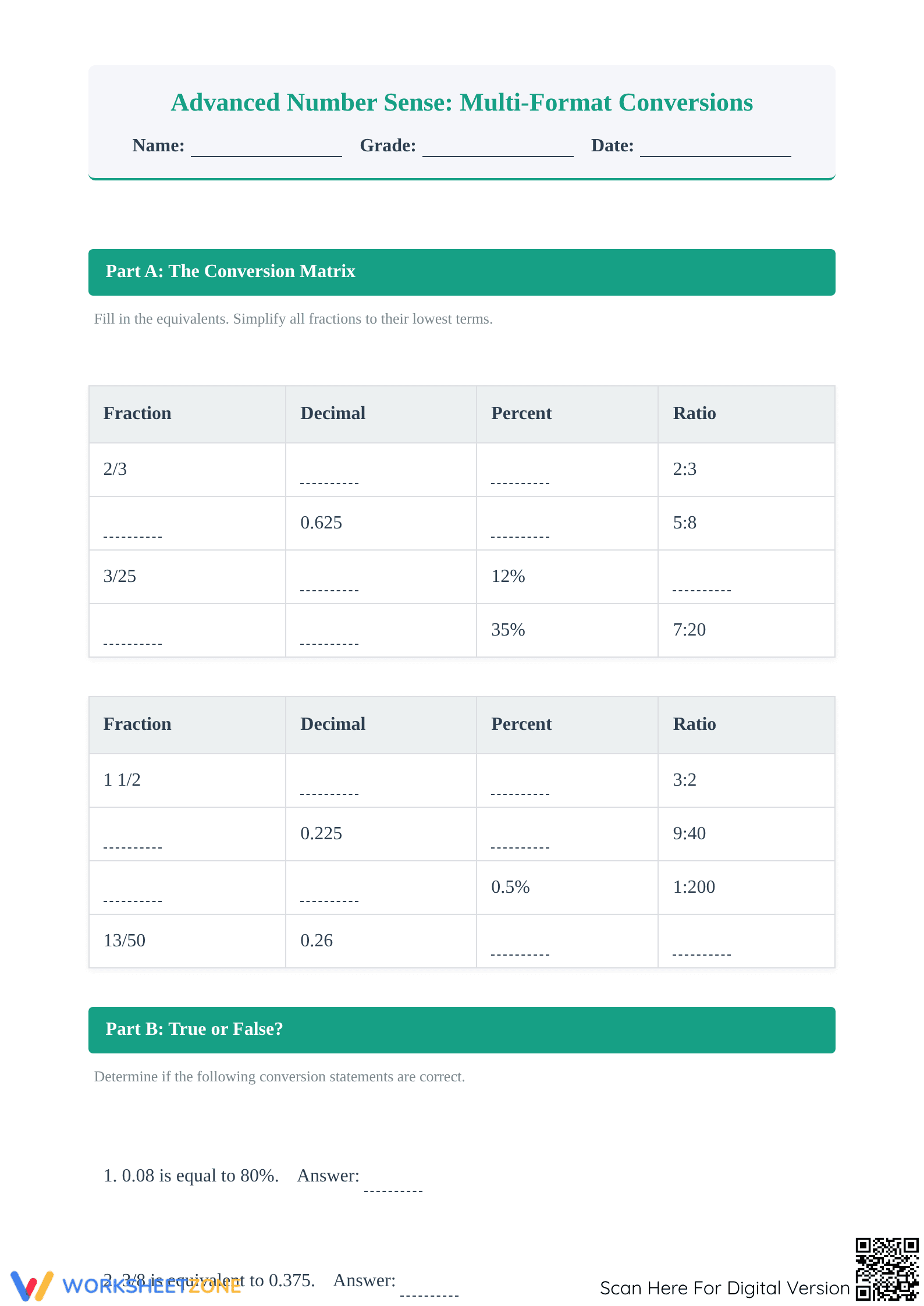 Mastering FDP Conversions: A Grade 7 Aligned Worksheet - Page 1