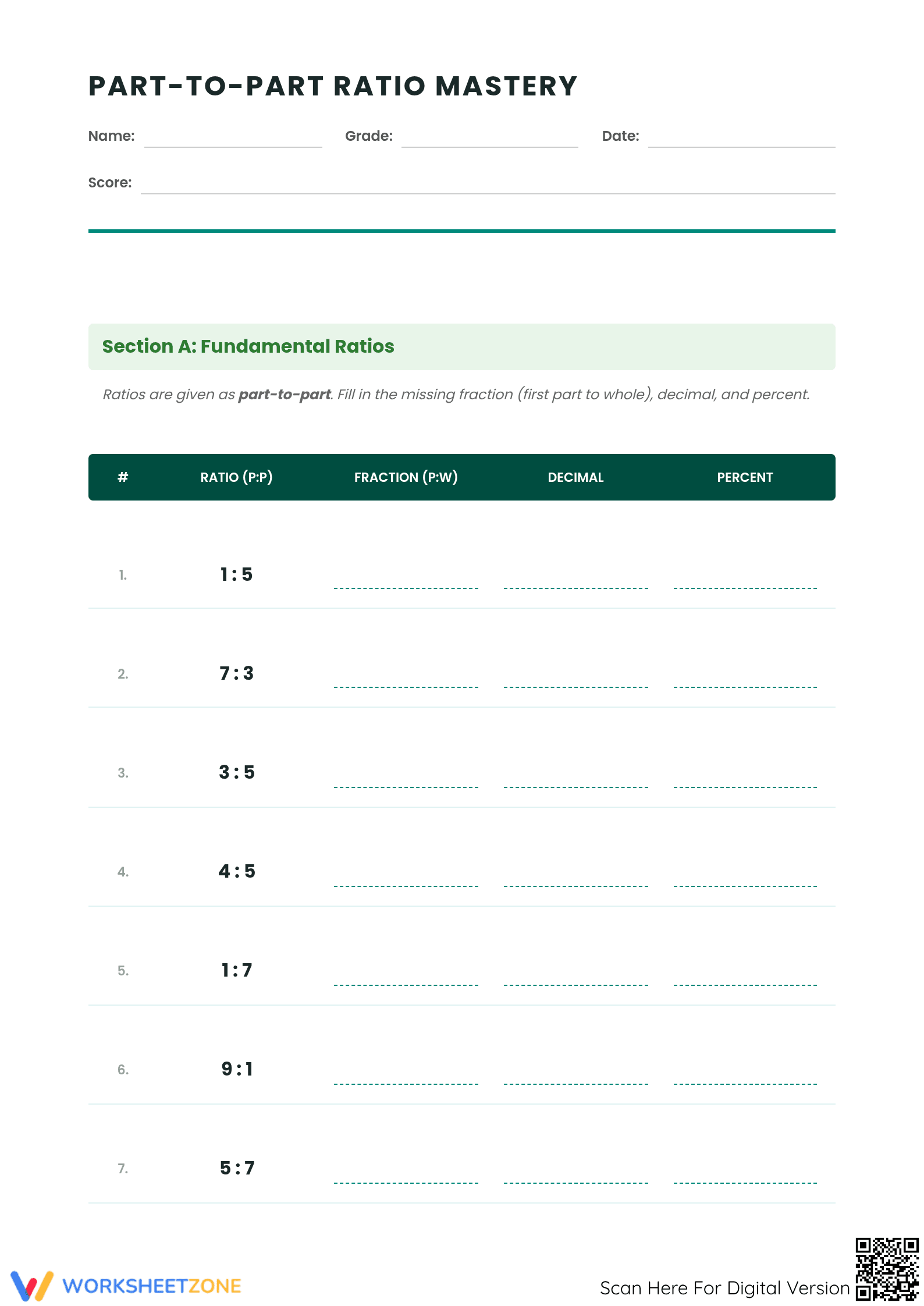 Printable Ratio Conversion Worksheet | Grade 6-7 Math - Page 1