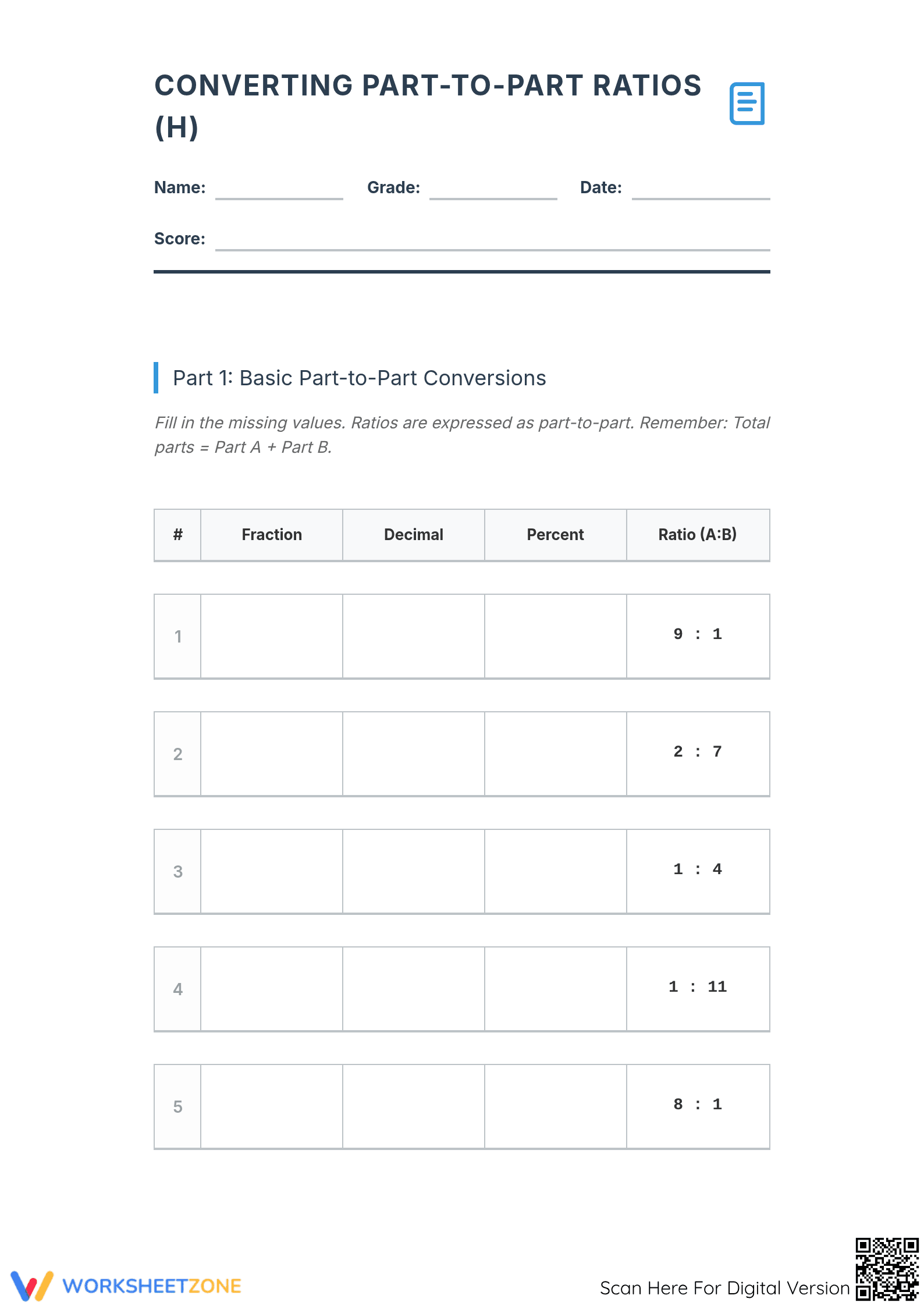 Essential Ratio to Fraction Conversion Worksheet | Grade 6-8 - Page 1