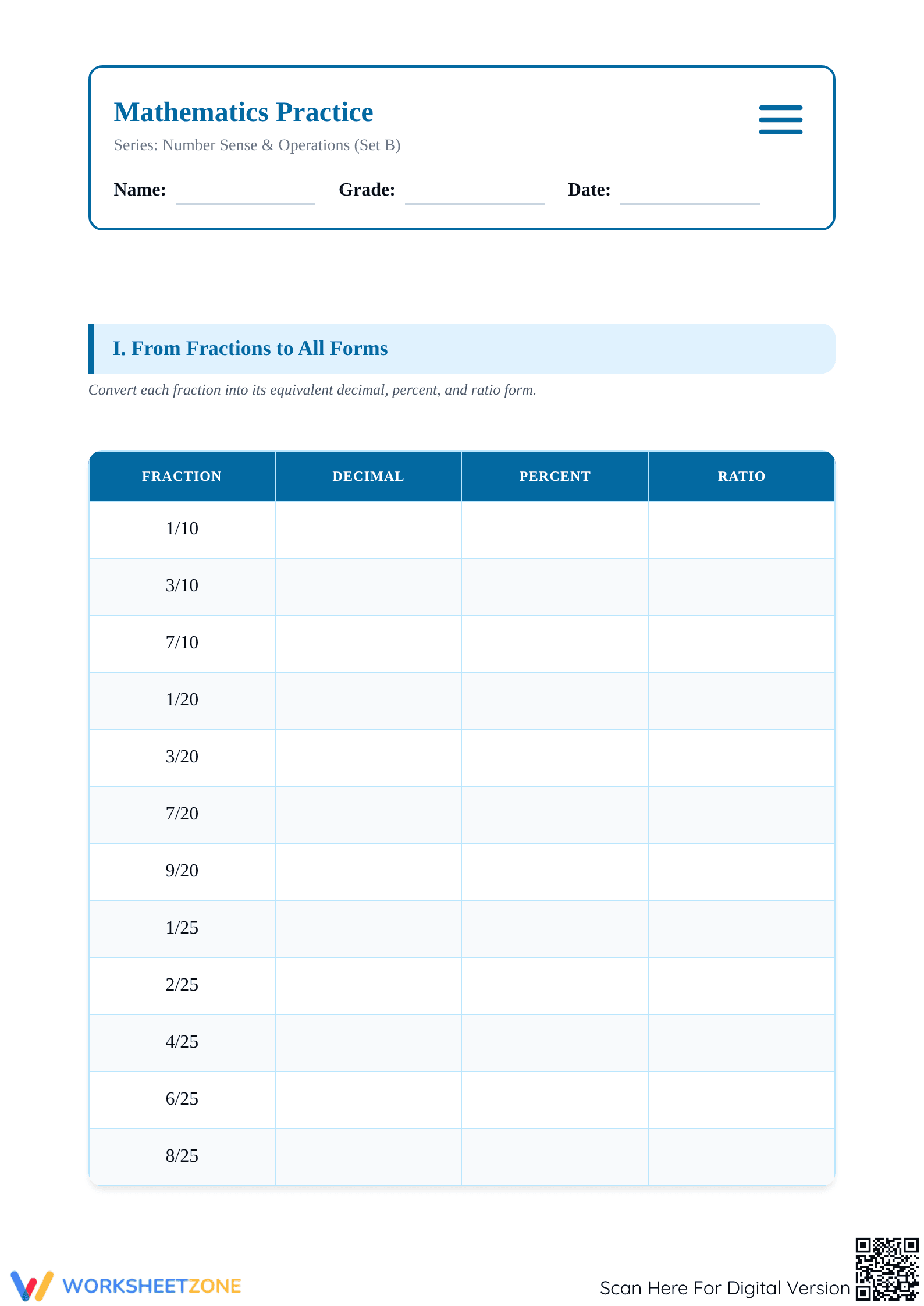 Essential Fractions, Decimals, and Percents Practice Worksheet - Page 1