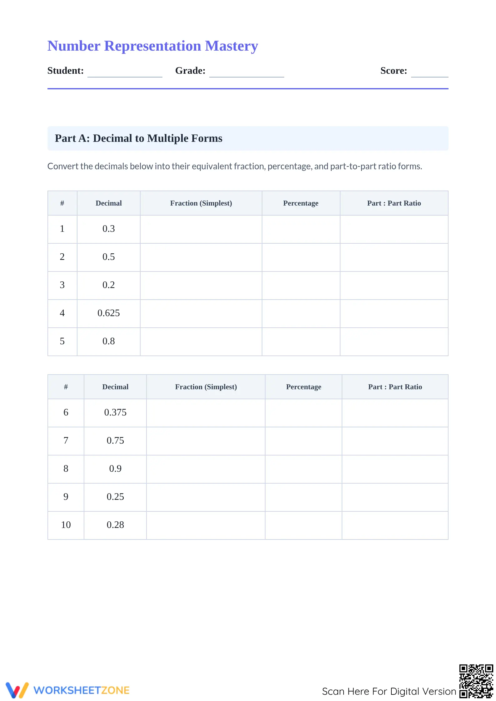 Essential Fractions, Decimals, and Percents Practice - Page 1