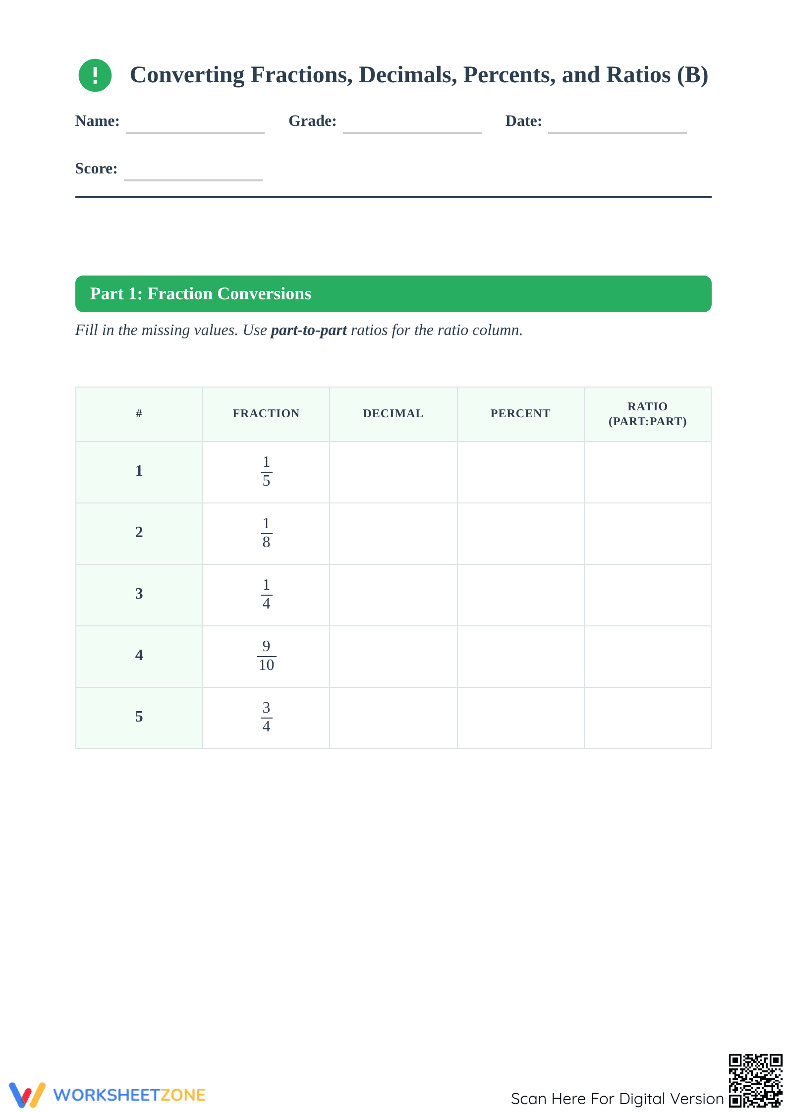 Essential Fraction Decimal Percent Ratio Practice | Grade 6+ - Page 1