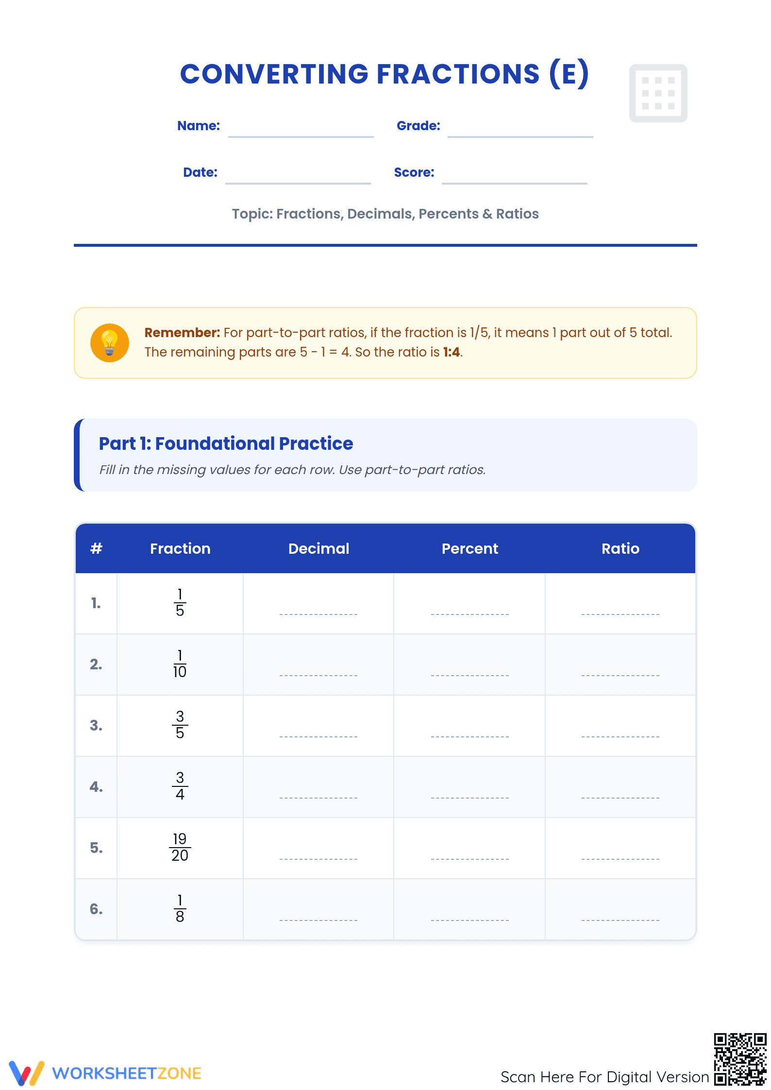 Essential Worksheet: Fractions, Decimals, Percents, & Ratios - Page 1