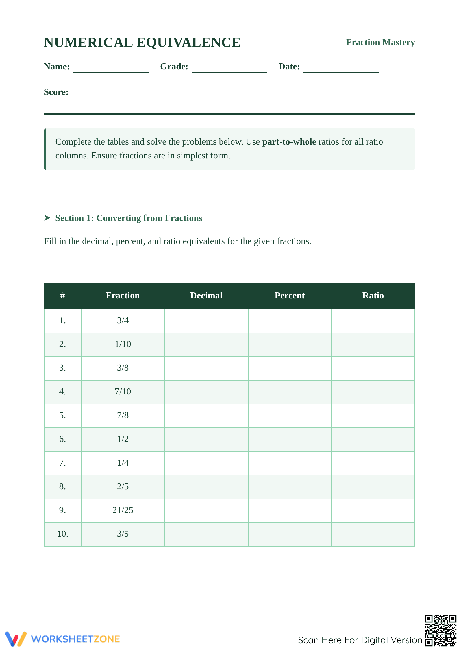 Printable Math Worksheet: Fraction Decimal Percent Ratio - Page 1