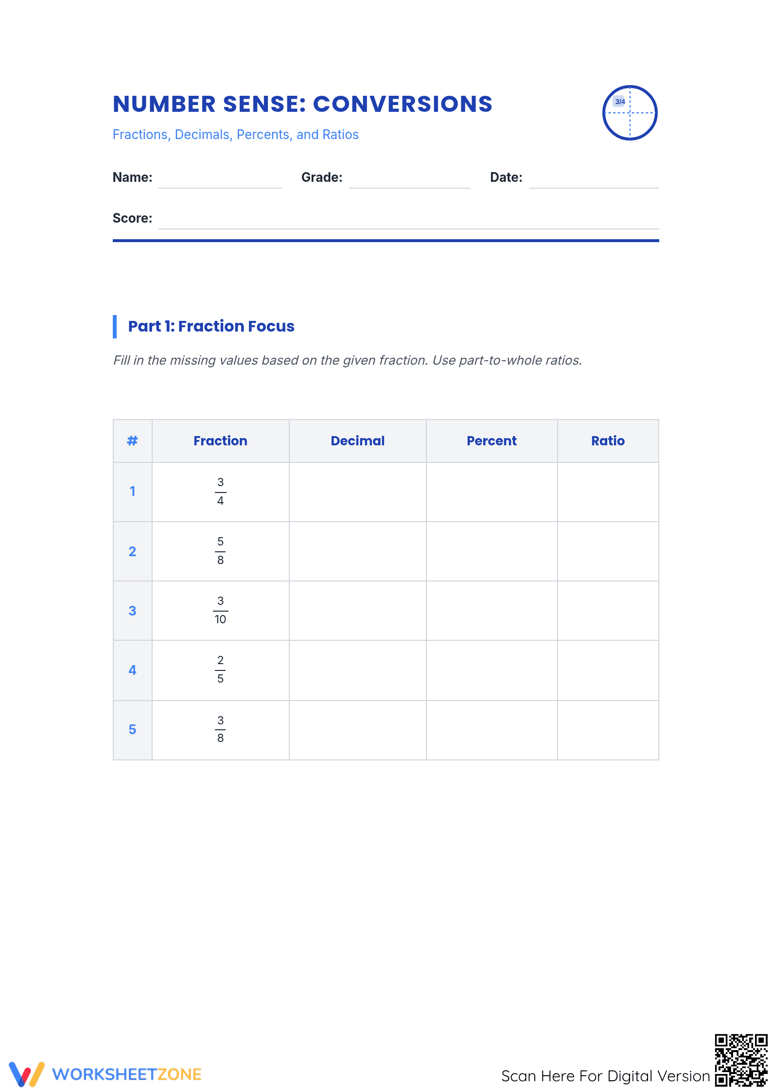 Essential Fraction Decimal Percent Conversion Worksheet - Page 1
