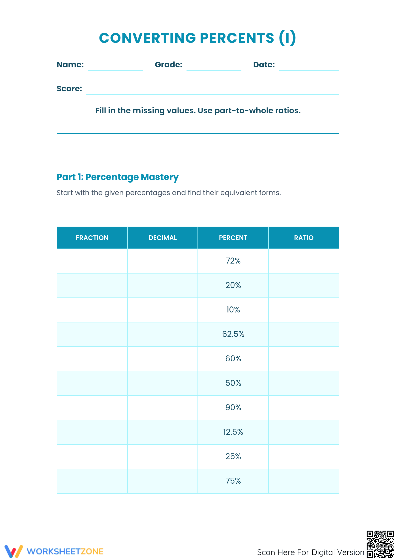 Essential Fraction Decimal Percent Conversion Worksheet - Page 1