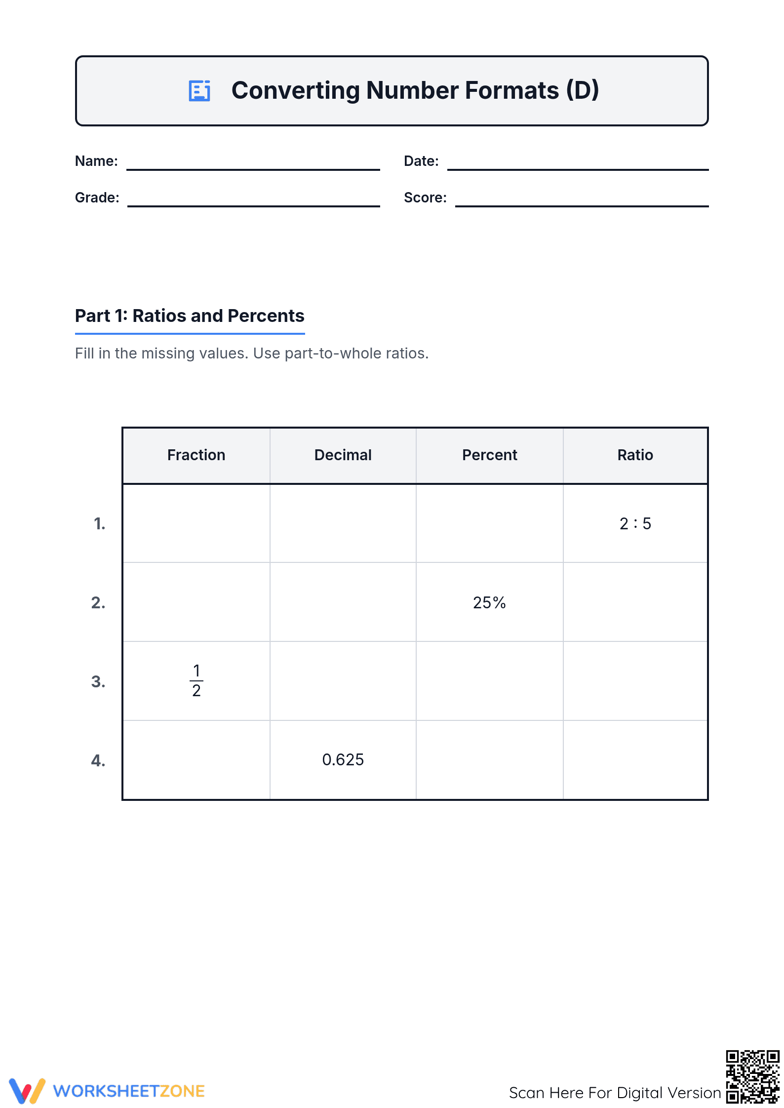 Essential Converting Fractions Decimals Percents Worksheet - Page 1