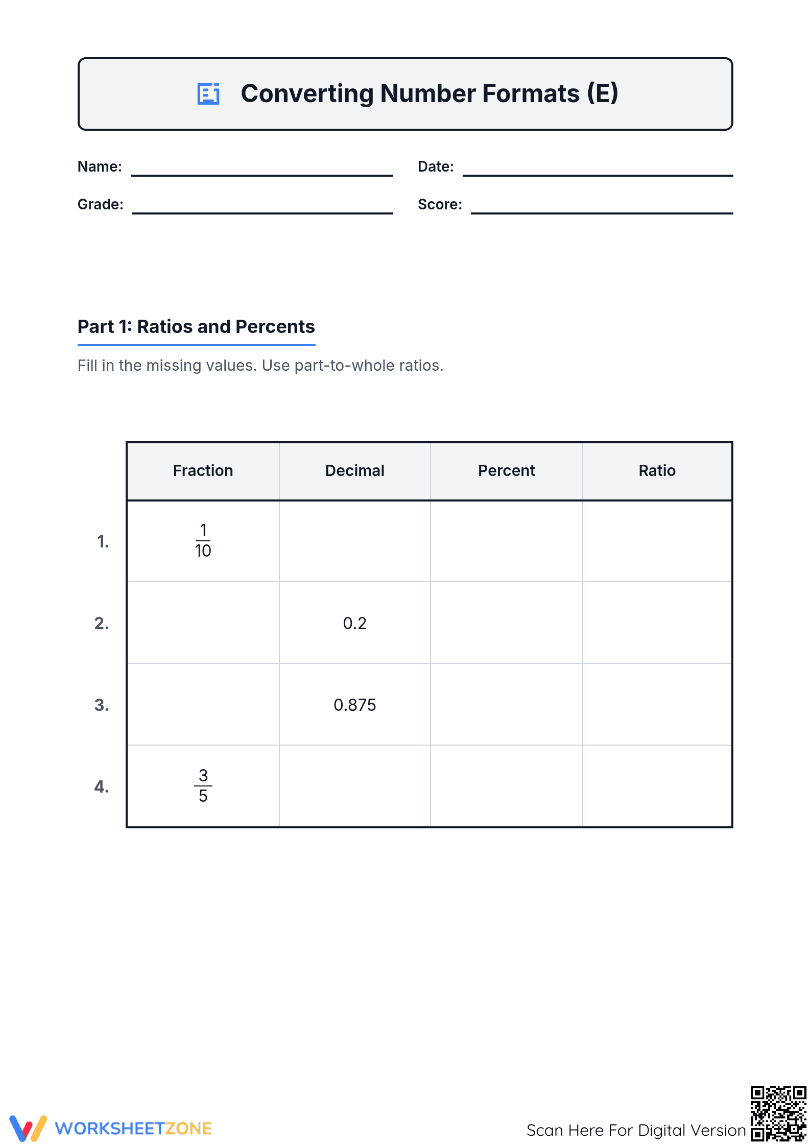 Essential Number Format Conversion Worksheet | Grade 6 - Page 1