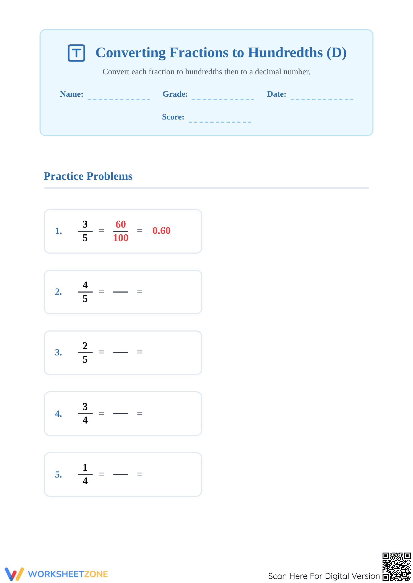 Essential Fraction to Decimal Worksheet | Grade 4-5 Math - Page 1