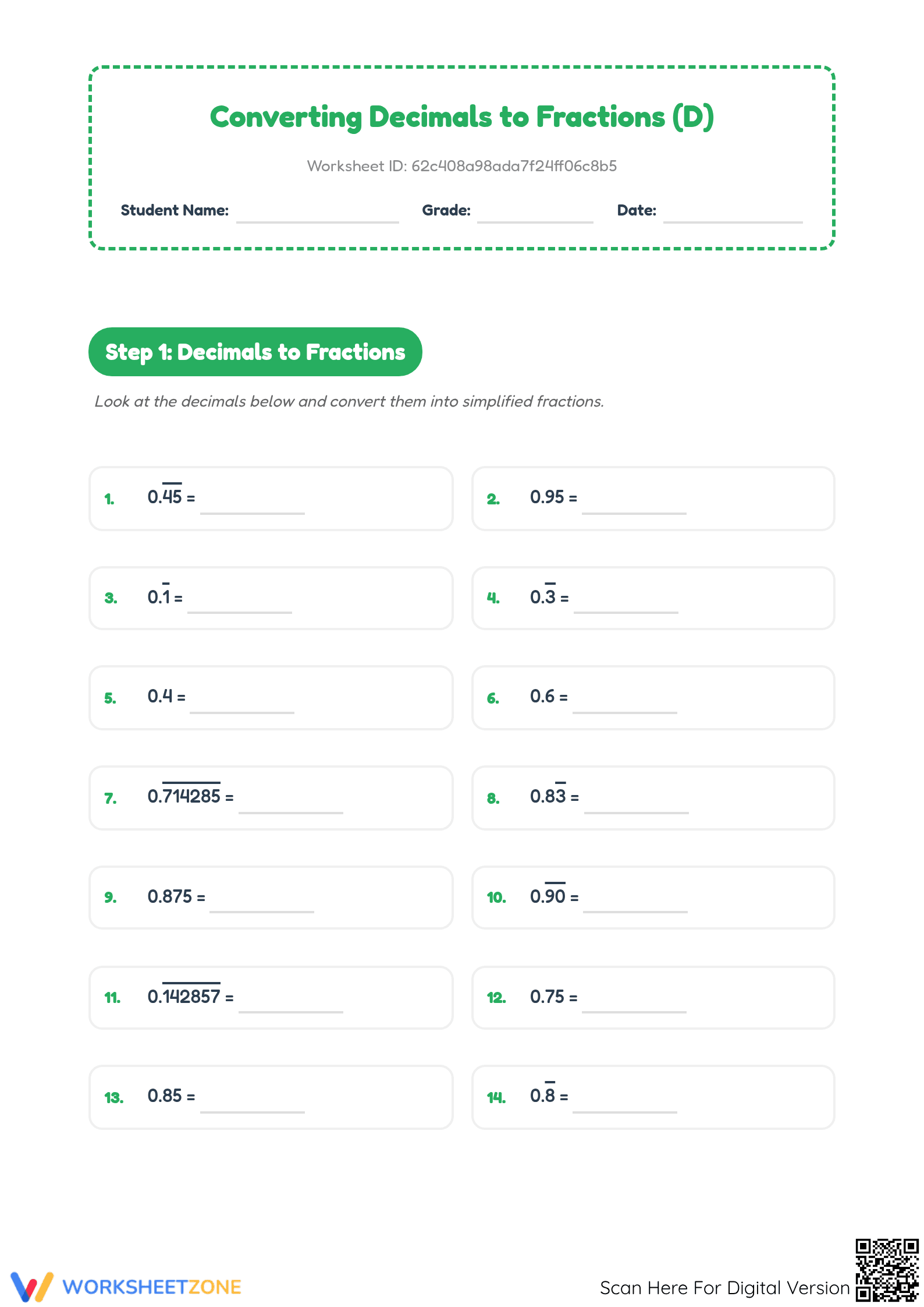Essential Fraction Decimal Percent Ratio Conversion Worksheet - Page 1