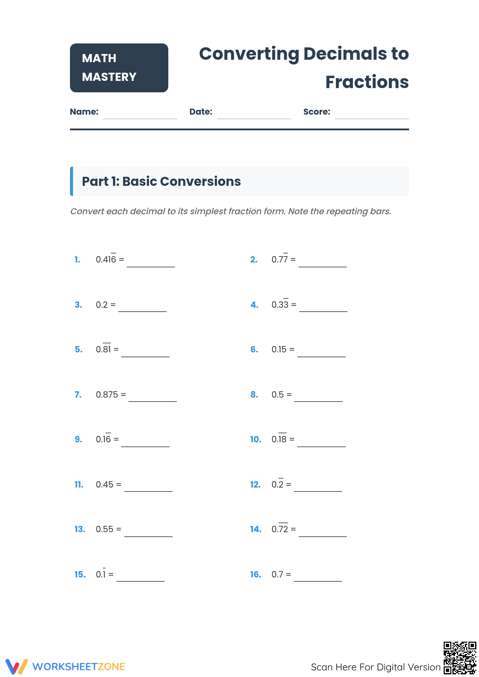 Essential Fraction and Decimal Conversion | Grade 7 - Page 1