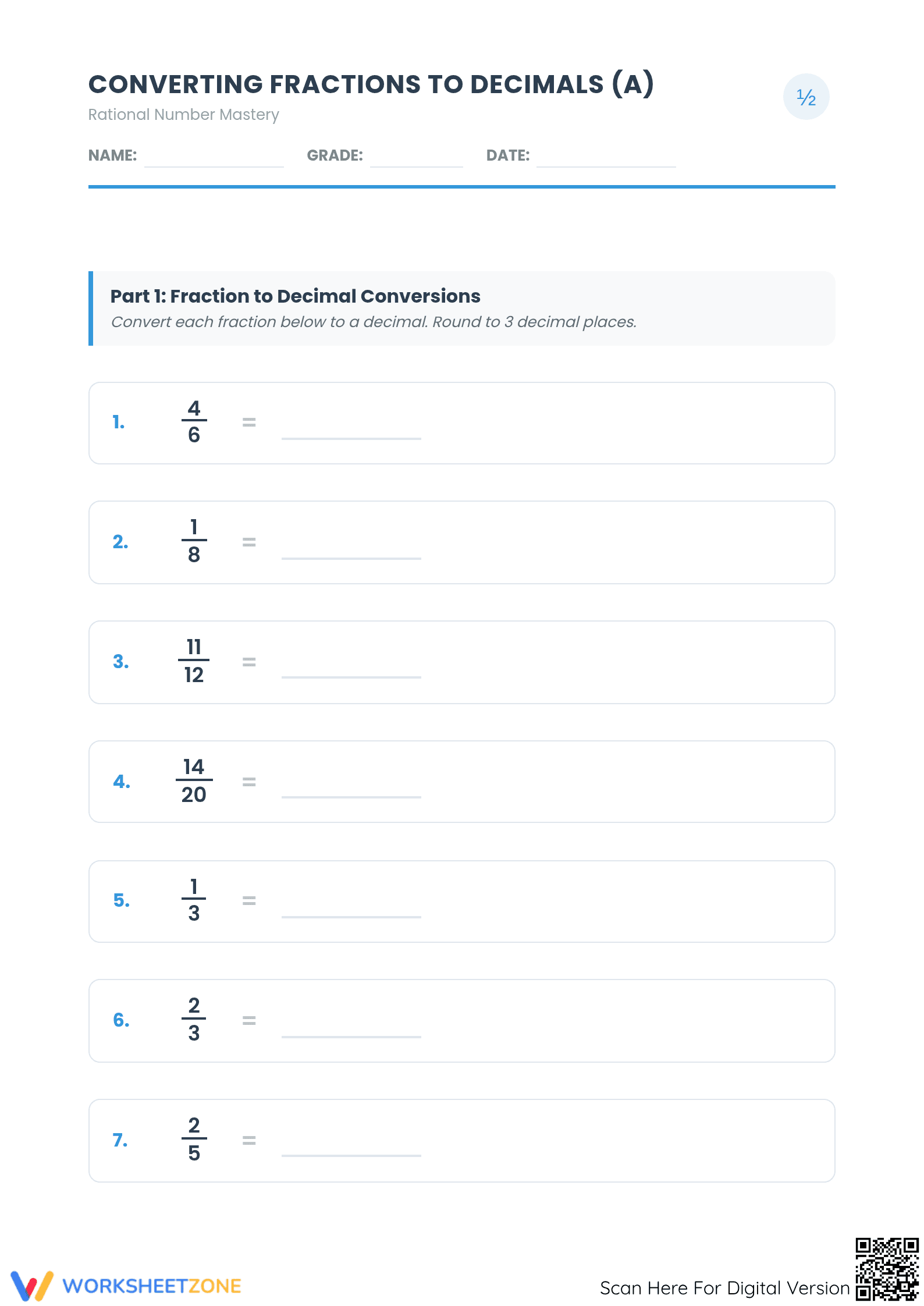 Essential Fractions to Decimals Practice Worksheet | Grade 7 - Page 1