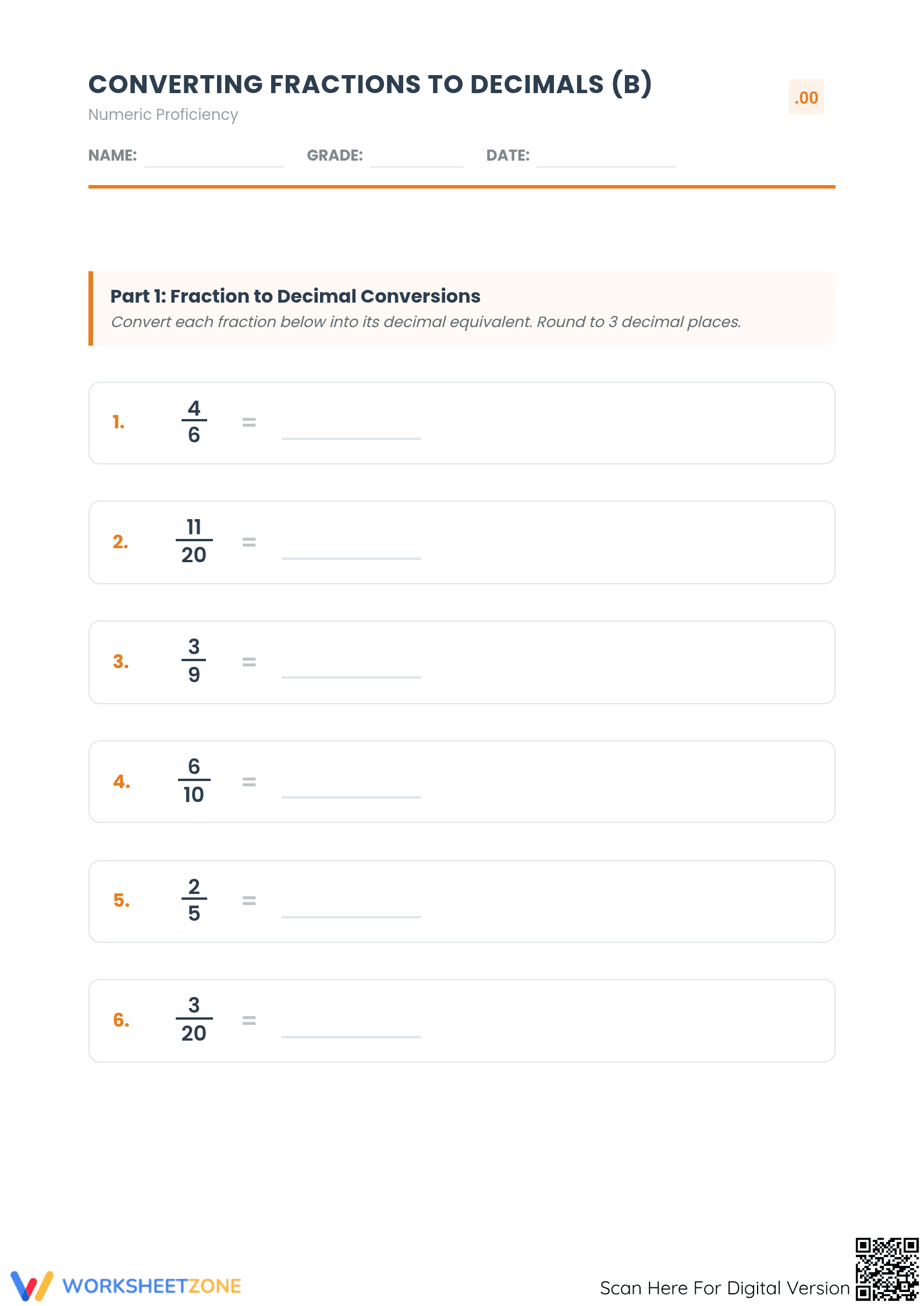 Essential Fraction and Decimal Worksheet | Grade 6 Math - Page 1