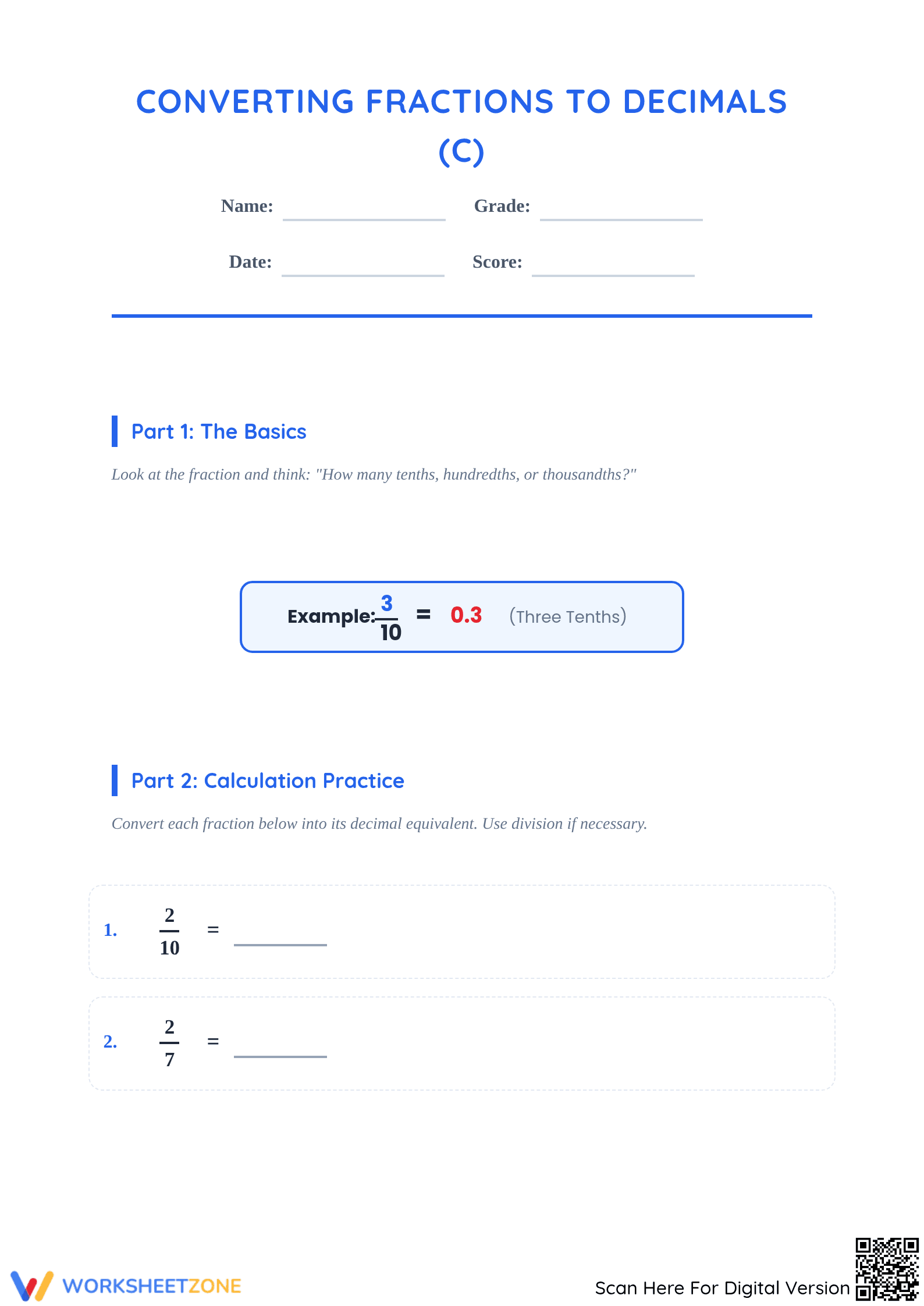 Essential Fraction to Decimal Conversion Worksheet | Grade 7 - Page 1