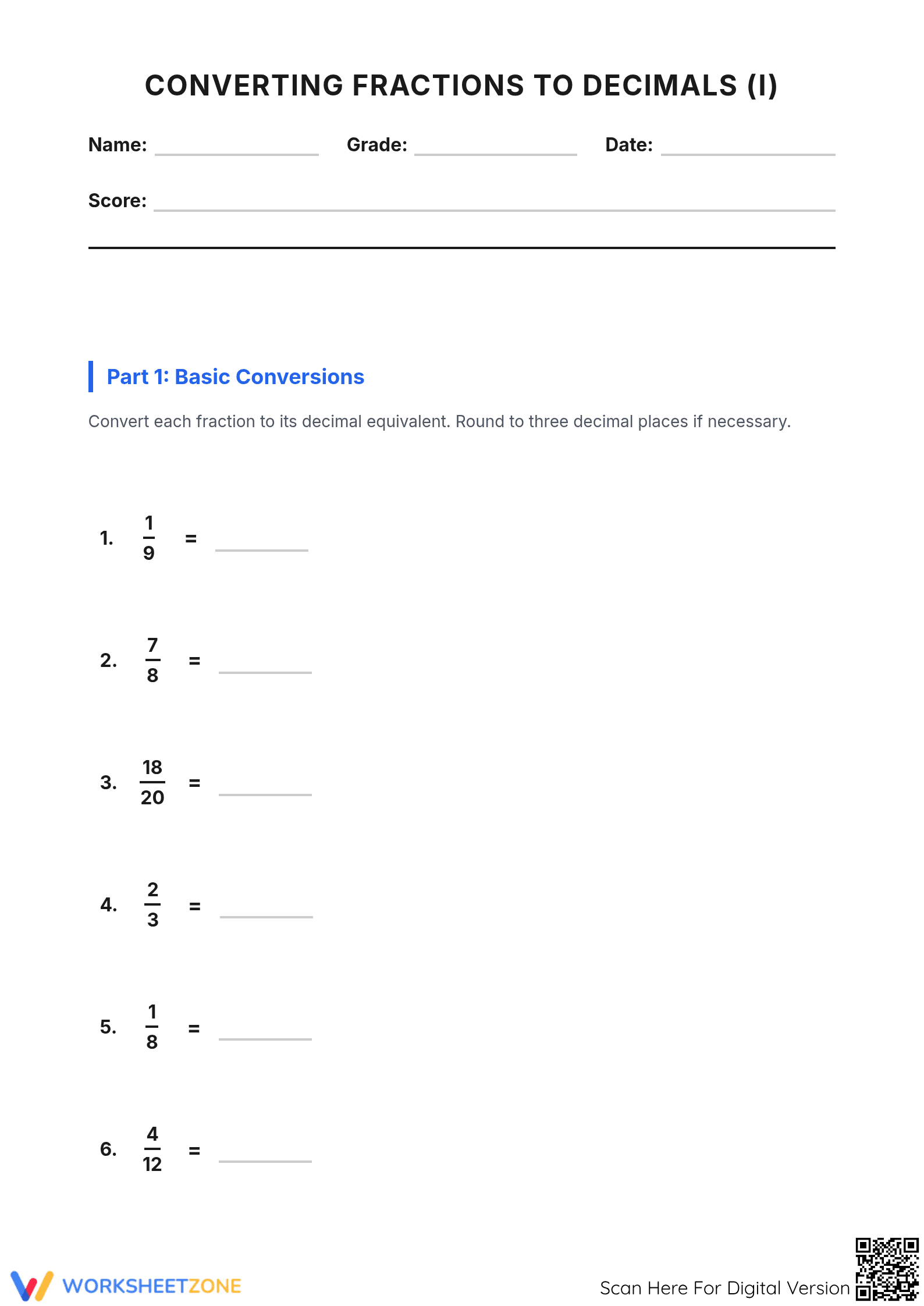 Printable Fractions to Decimals Worksheet | Grades 4-7 - Page 1