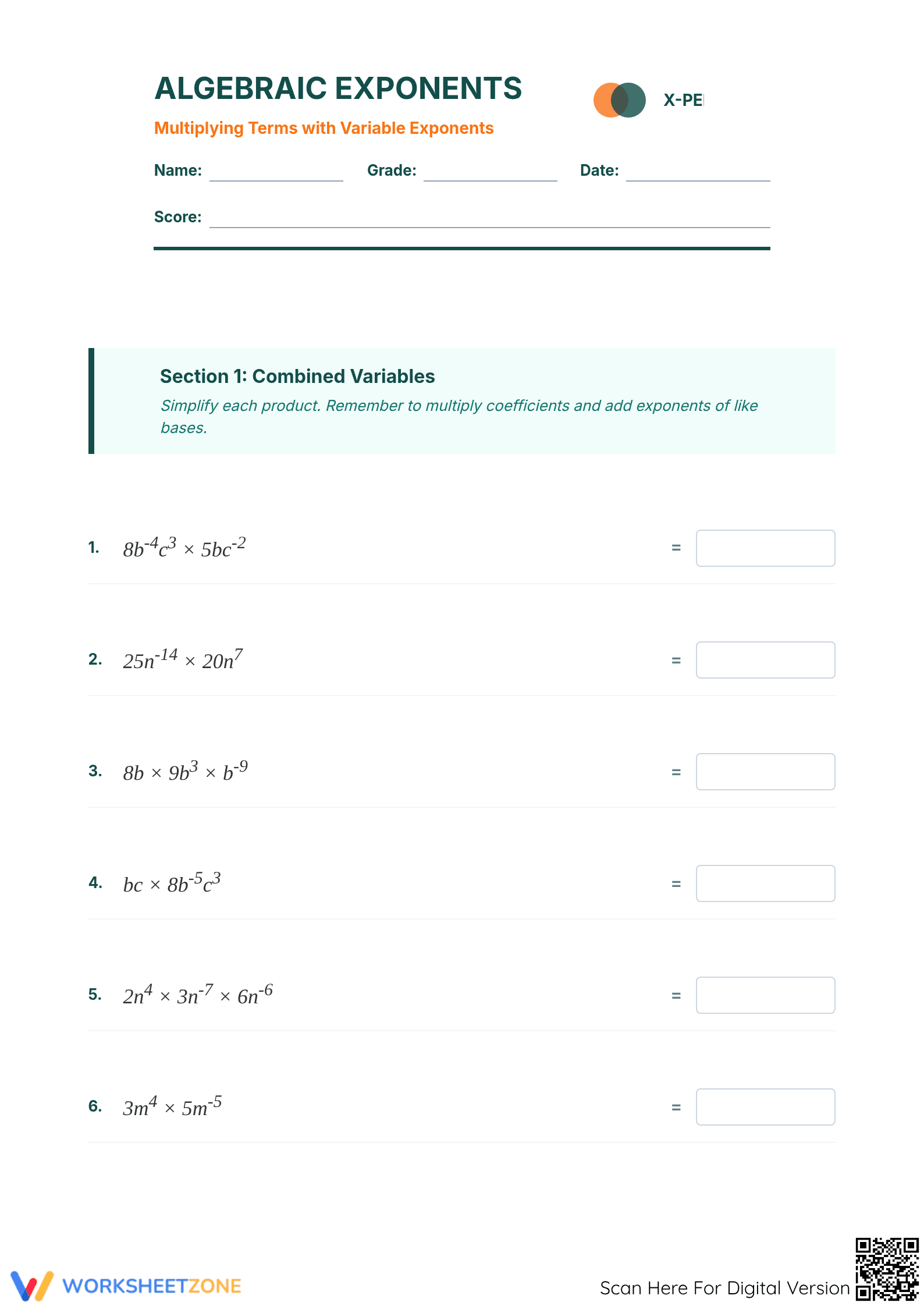 Essential Multiplying Exponents Worksheet | Grade 8 Math - Page 1