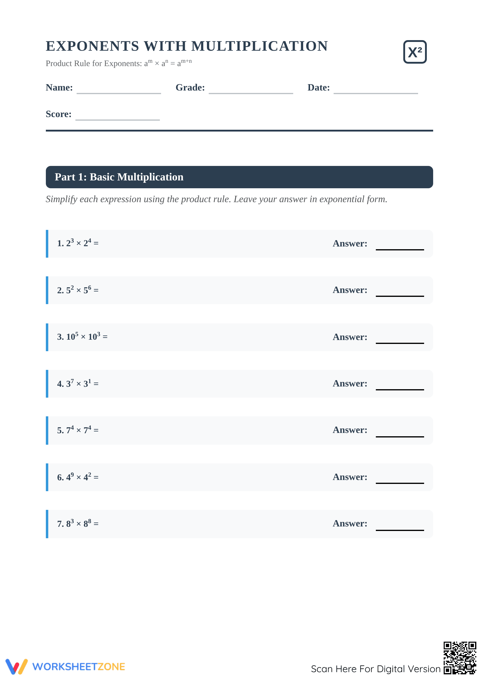 Essential Exponents Multiplication Worksheet | Grades 6-8 - Page 1