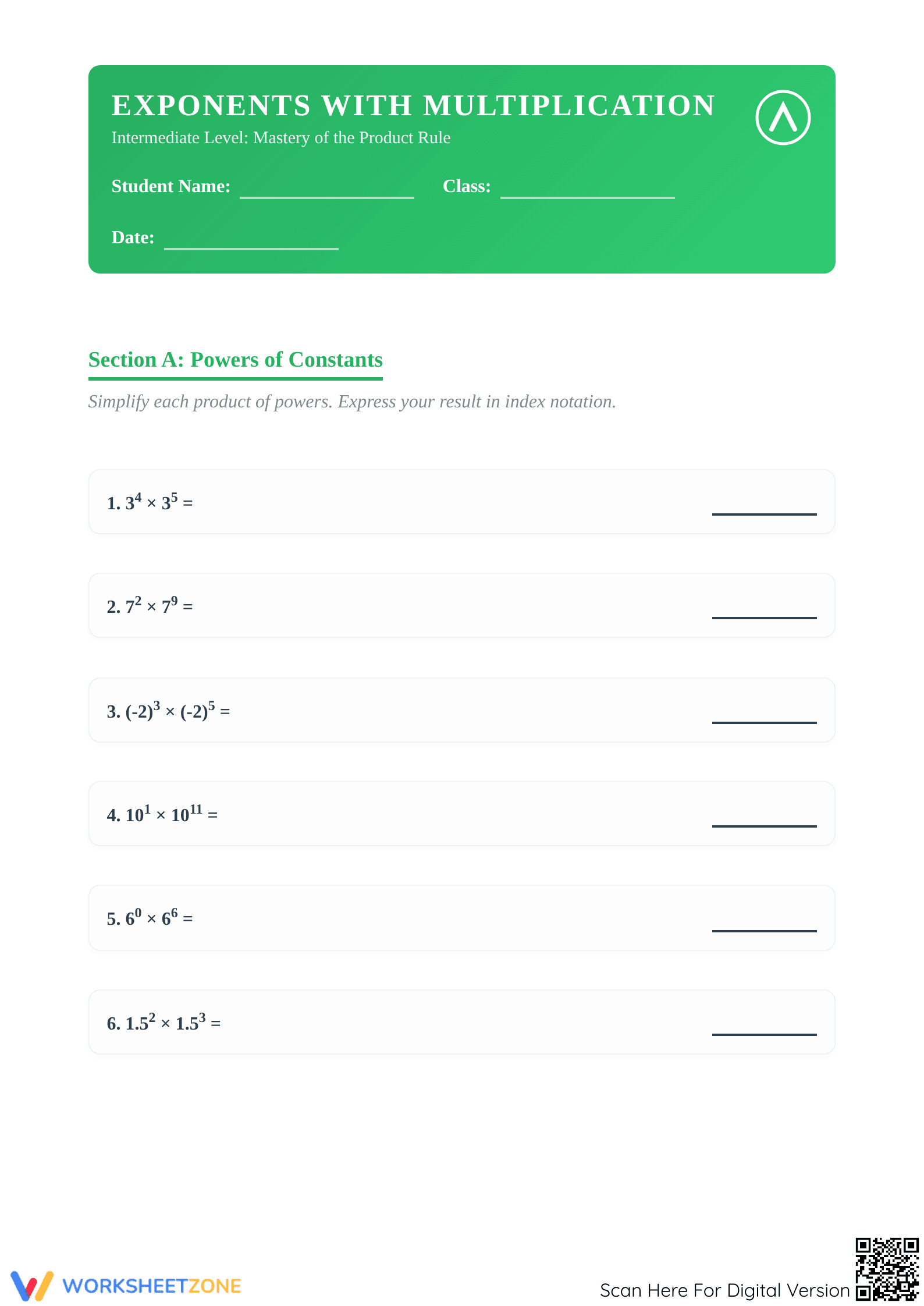Essential Exponents Multiplication Worksheet | Grade 8 Math - Page 1