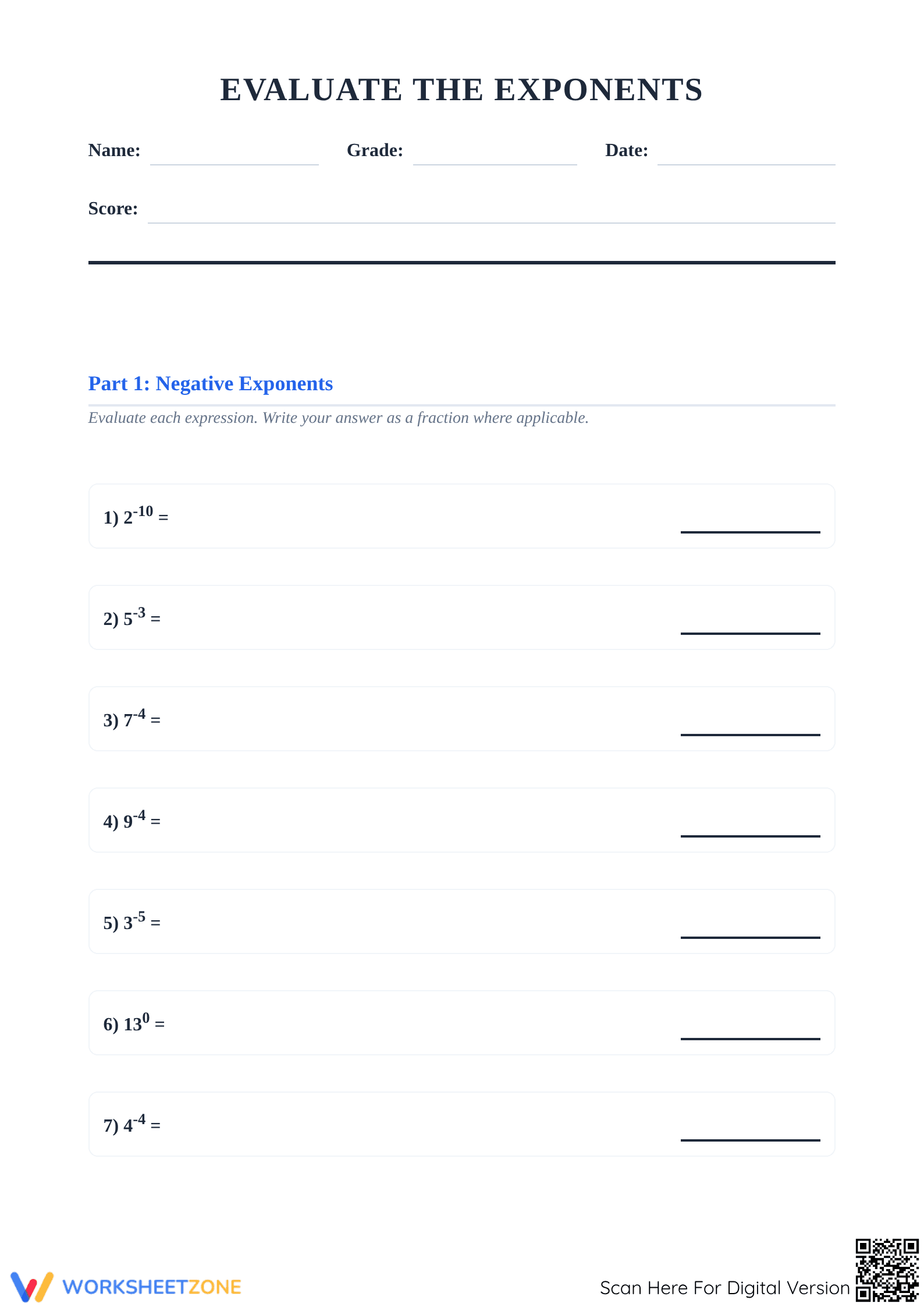 Essential 8.EE.A.1 Worksheet: Negative Exponents — Grade 8 - Page 1