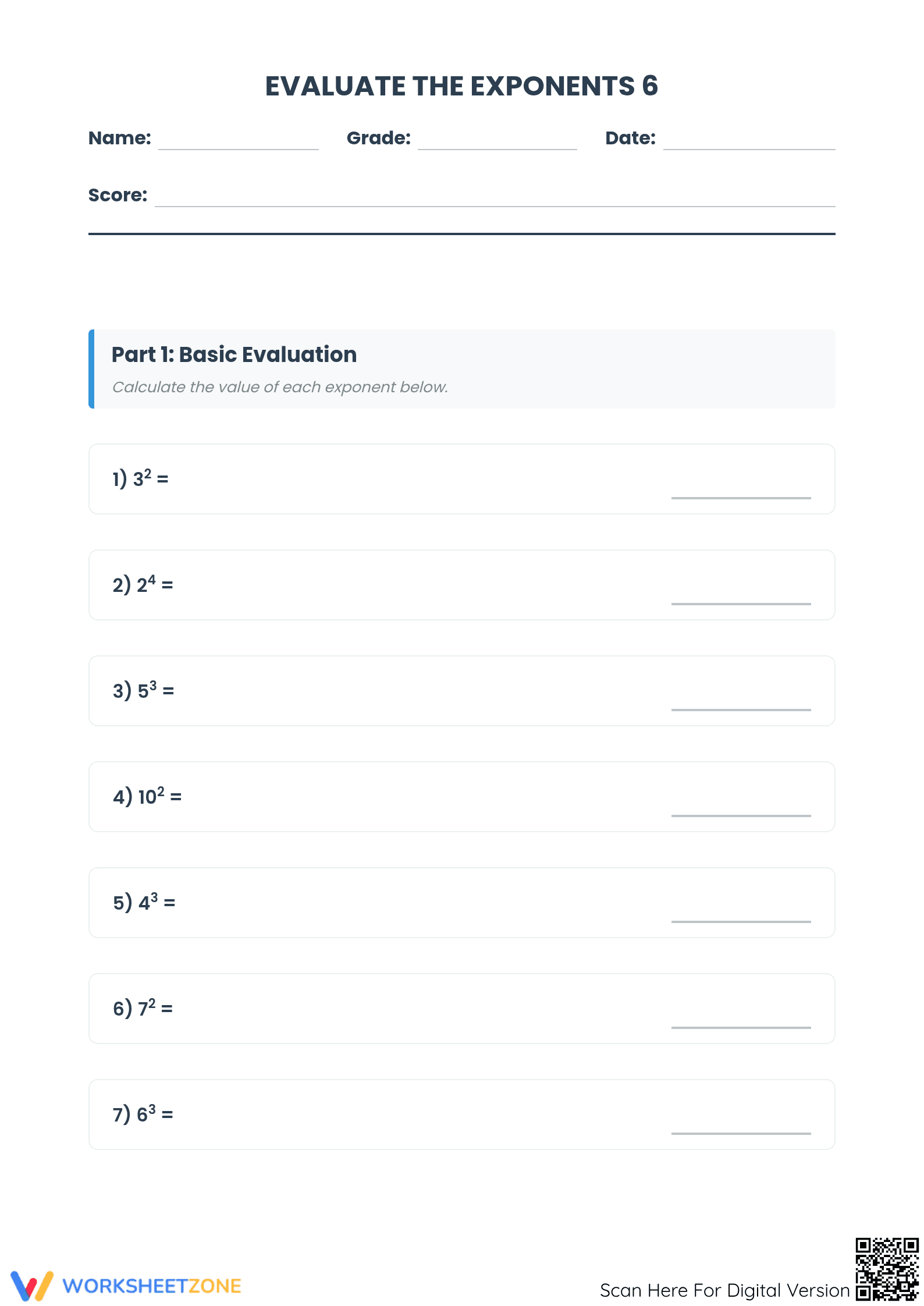Printable Evaluate the Exponents Worksheet | Grades 6-9 - Page 1