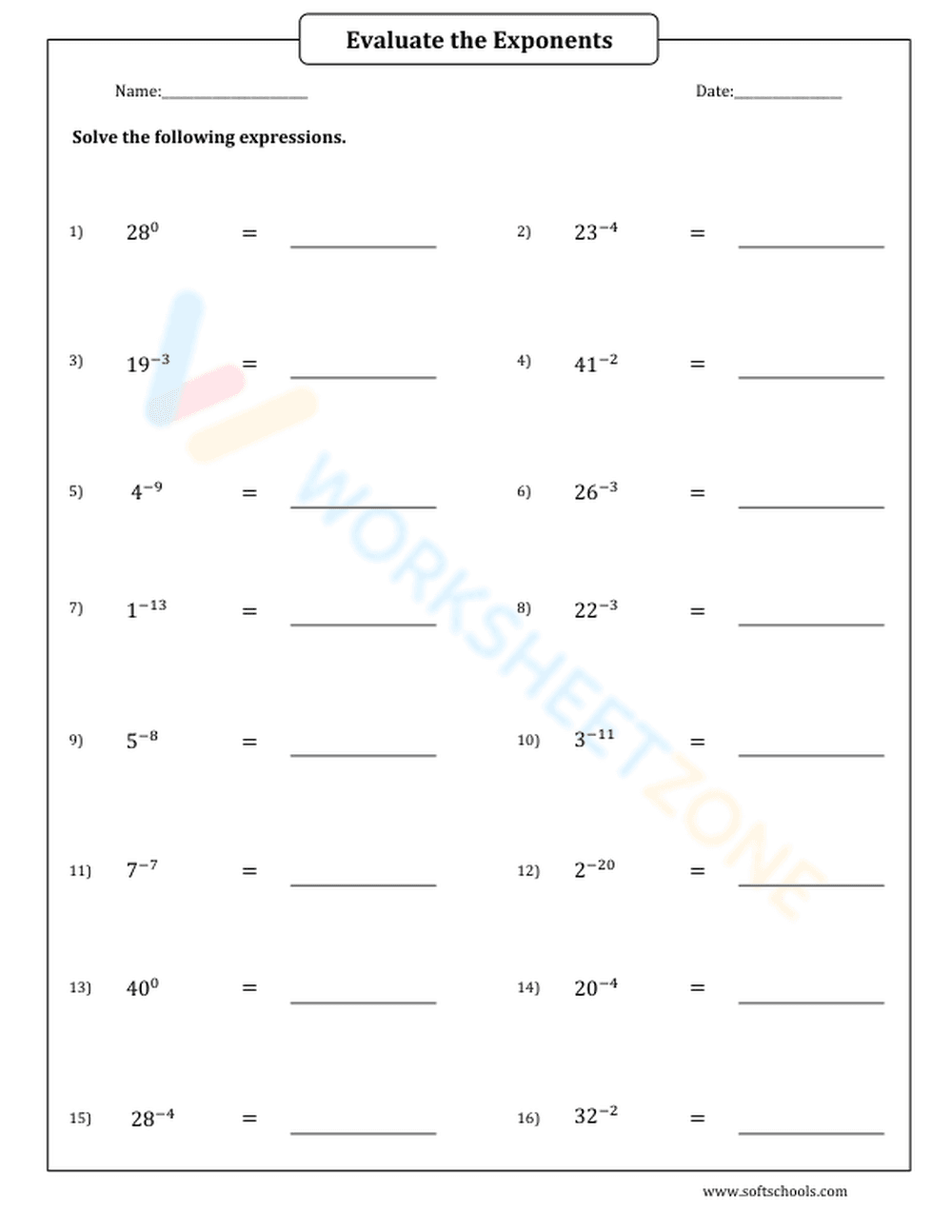Evaluating Zero And Negative Exponents Worksheet - Page 1