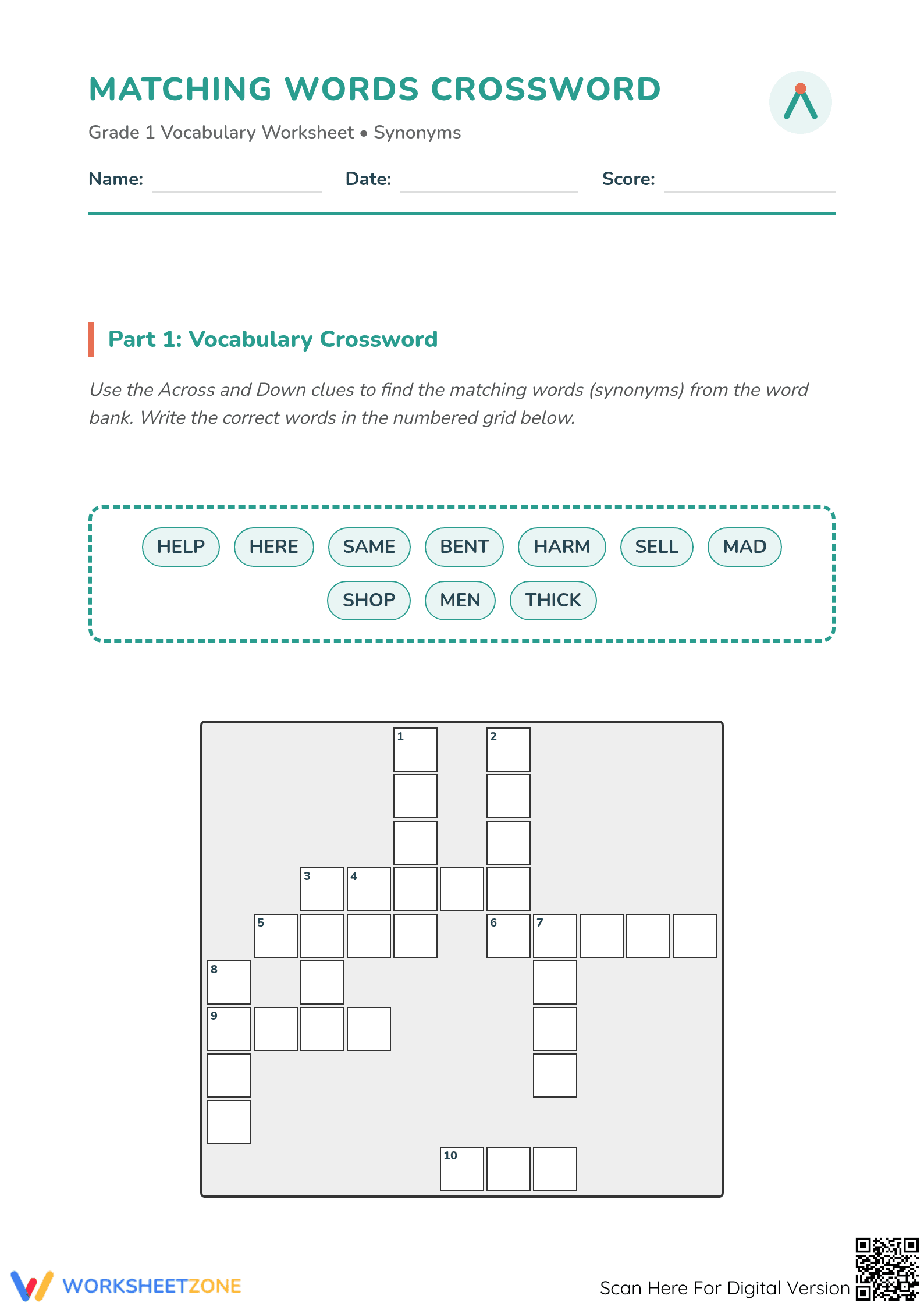 Synonyms Crossword Worksheet | Grade 1 ELA Printable - Page 1