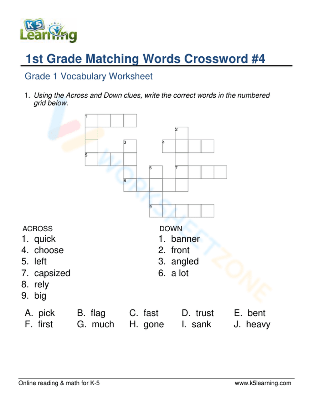 1st Grade Matching Words Crossword 4 - Page 1