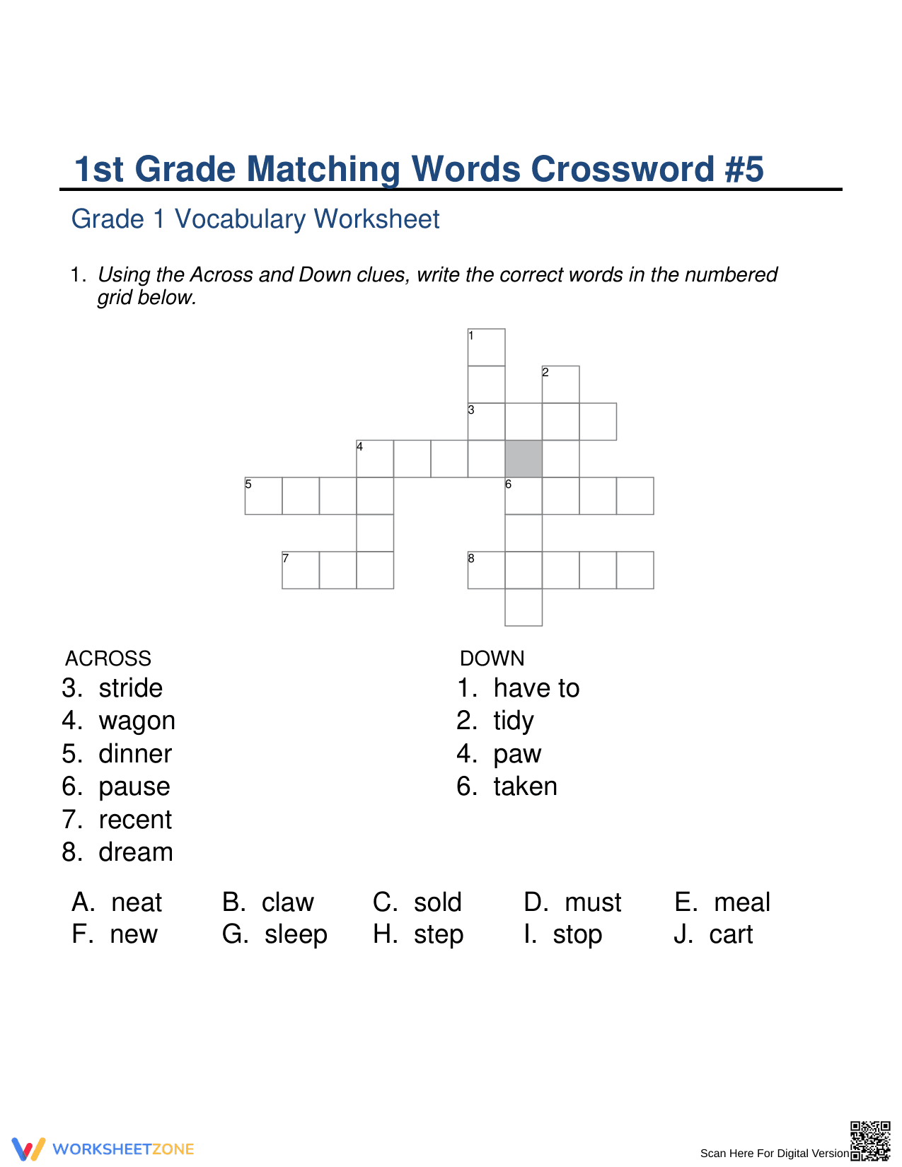 Grade 1 Synonyms Crossword — Printable Vocabulary Worksheet - Page 1