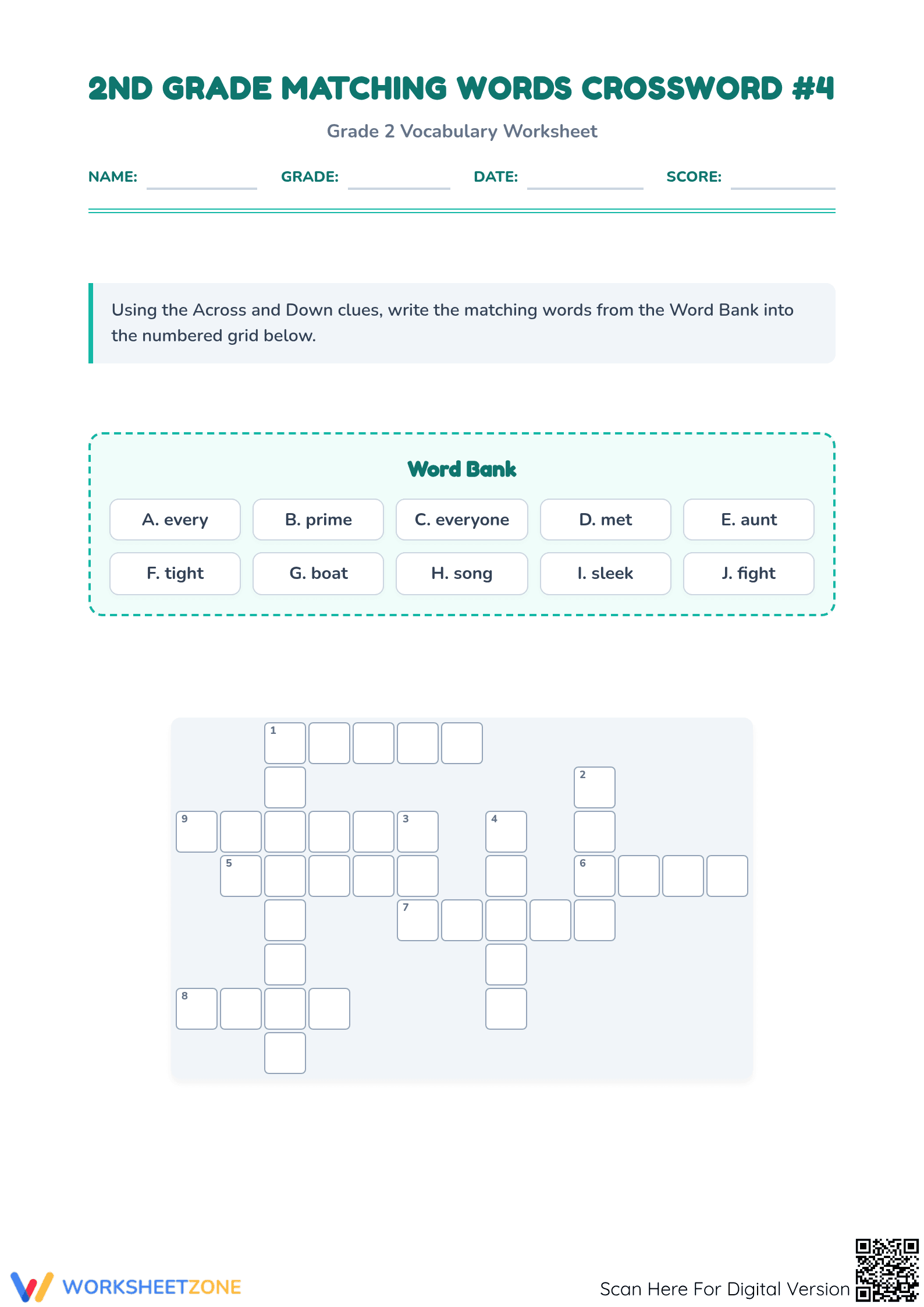 Grade 2 Synonym Crossword | Essential Printable Worksheet - Page 1