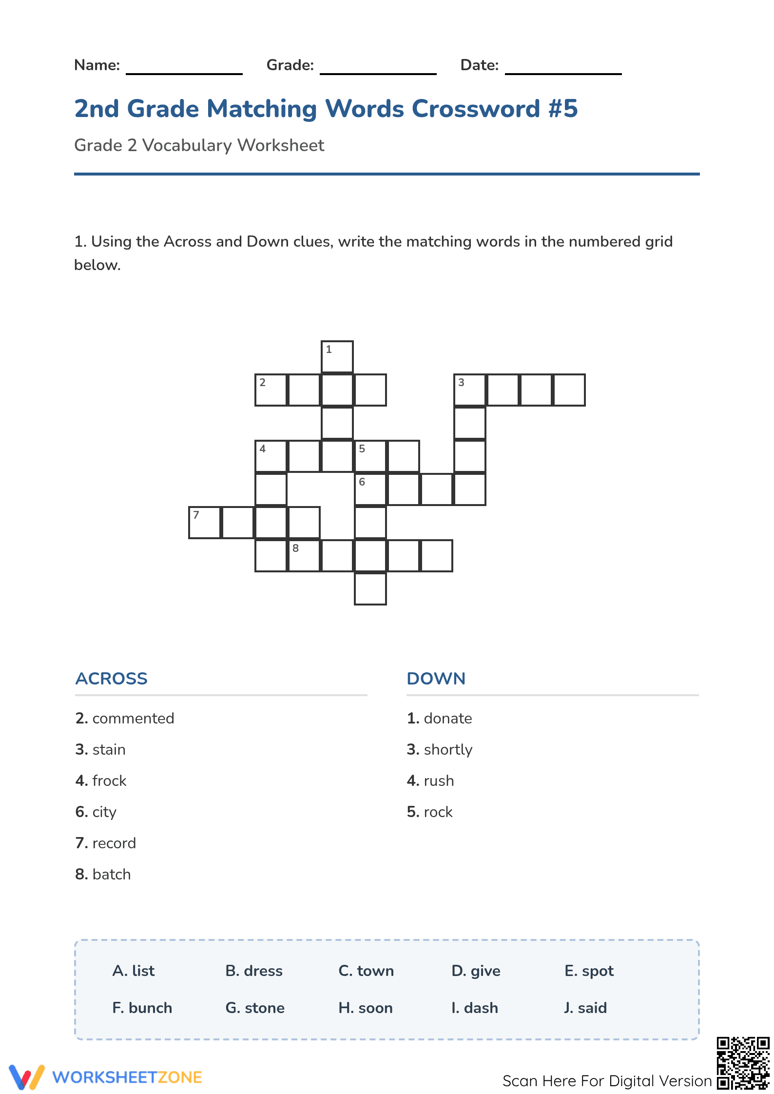Grade 2 Synonym Crossword — Printable No-Prep Worksheet - Page 1